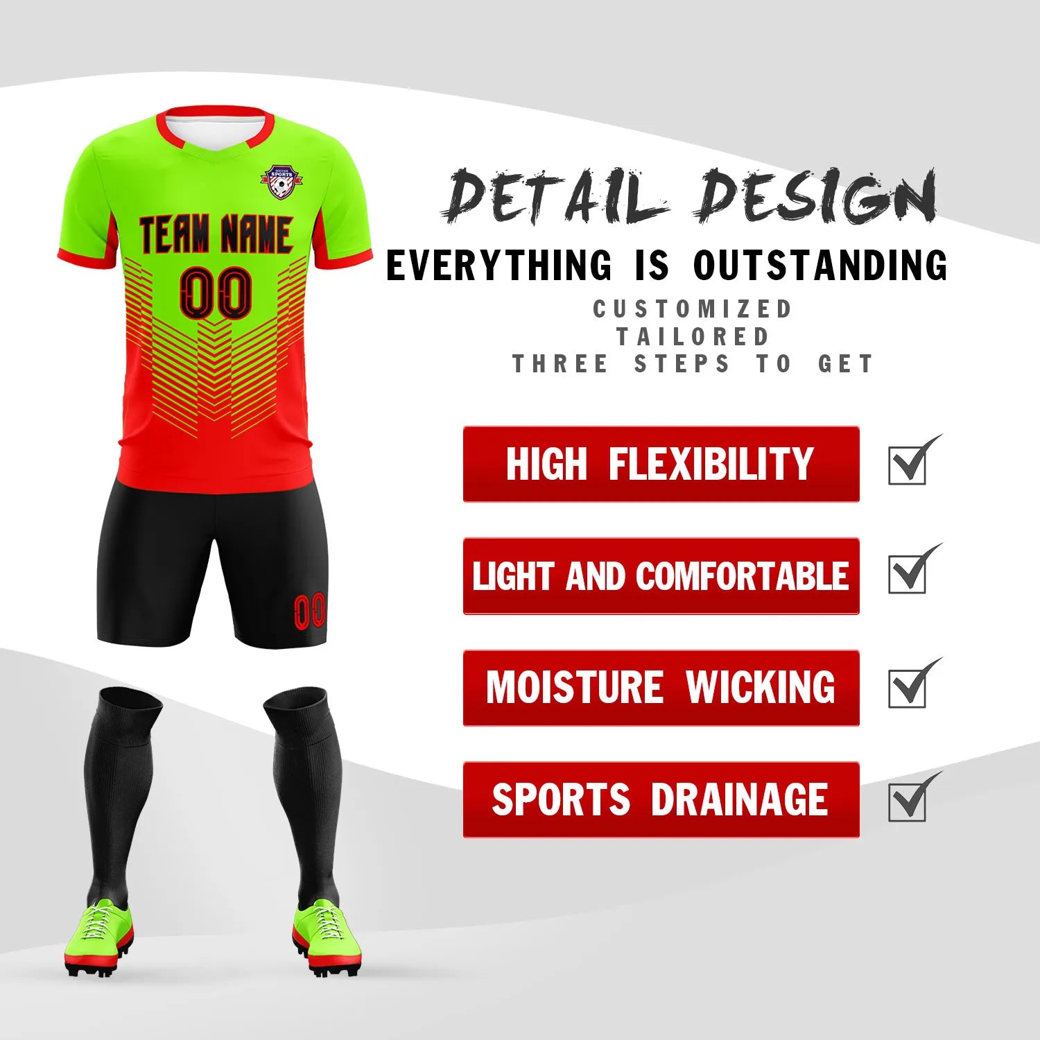 Custom Neon Green Red Sport Soccer Sets Jersey
