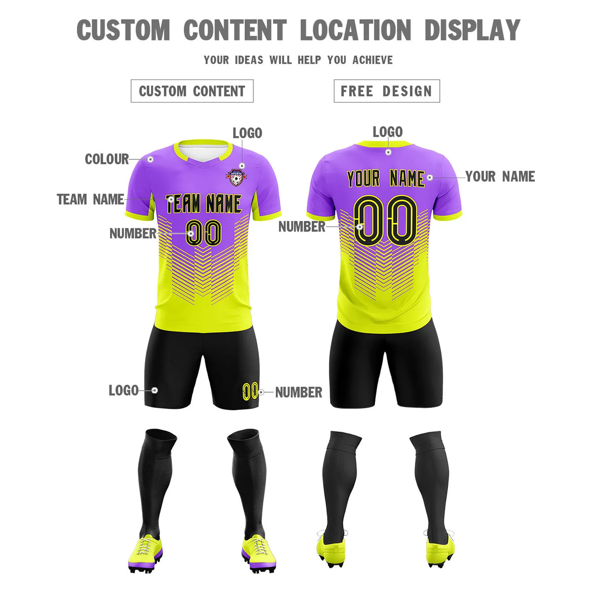 Custom Purple Fluorescent Green Sport Soccer Sets Jersey