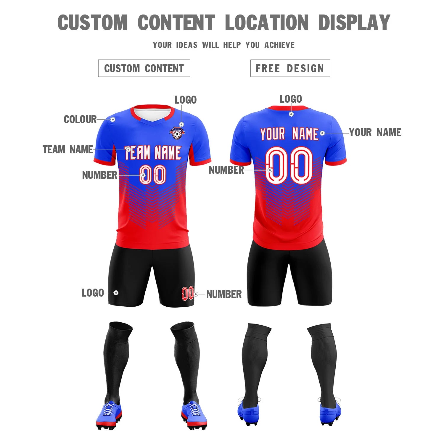 Custom Royal Blue Red Sport Soccer Sets Jersey