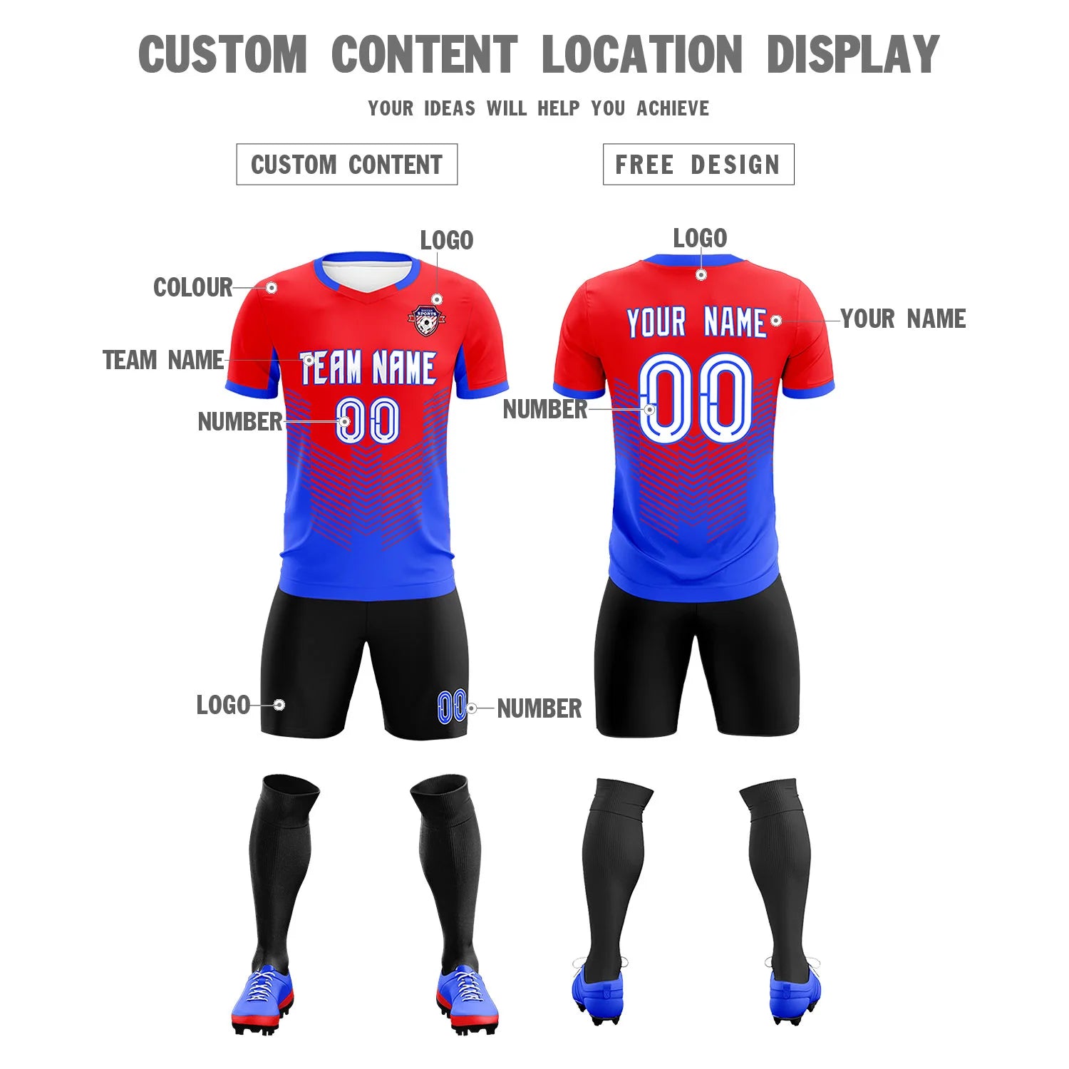 Custom Red Royal Blue Sport Soccer Sets Jersey