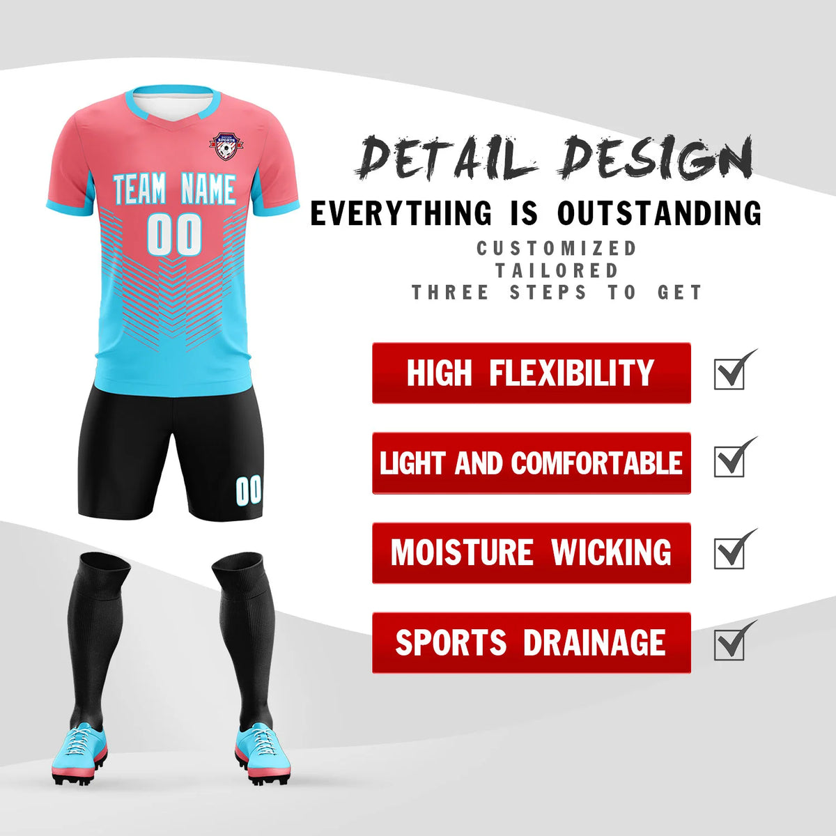 Custom Light Red Aqua Sport Soccer Sets Jersey