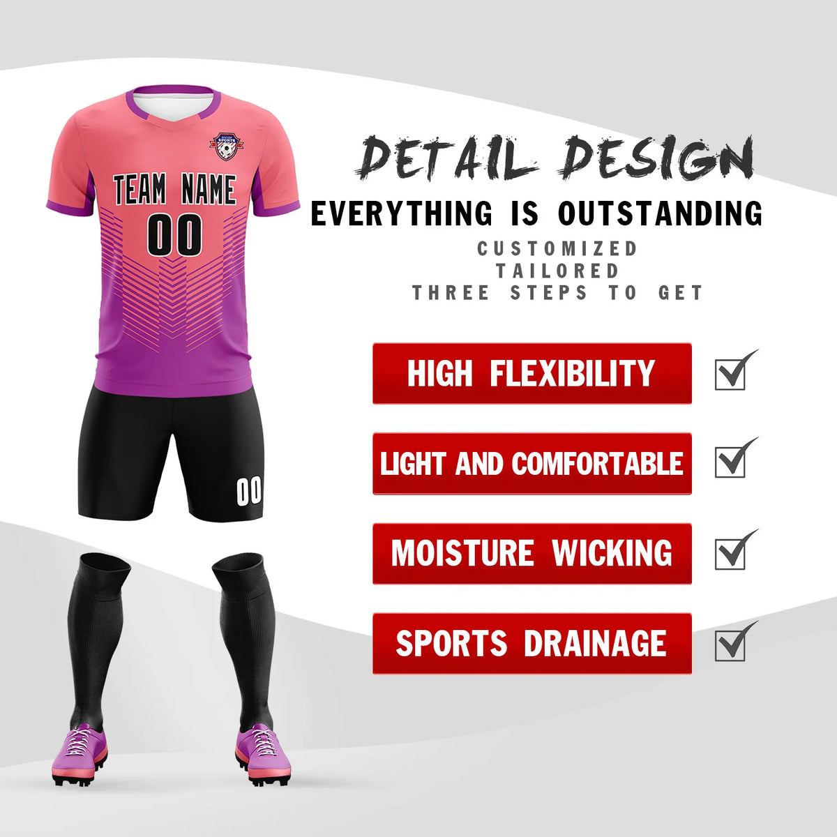 Custom Light Red Light Purple Sport Soccer Sets Jersey