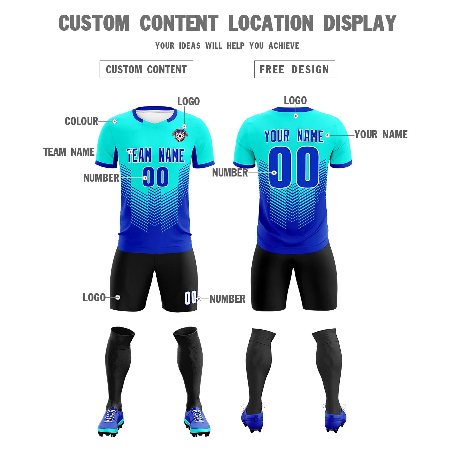 Custom Bright Green Royal Blue Sport Soccer Sets Jersey