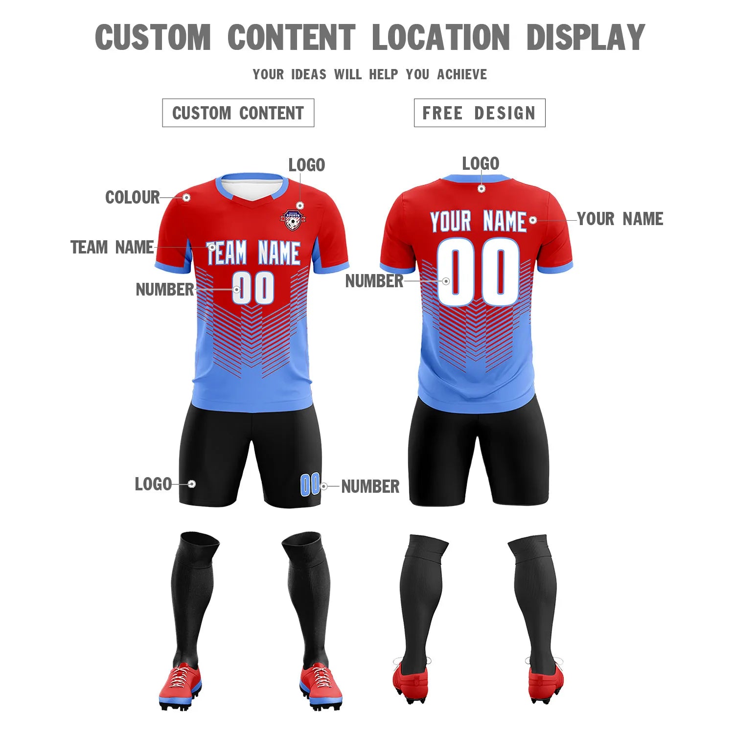 Custom Red Powder Blue Sport Soccer Sets Jersey