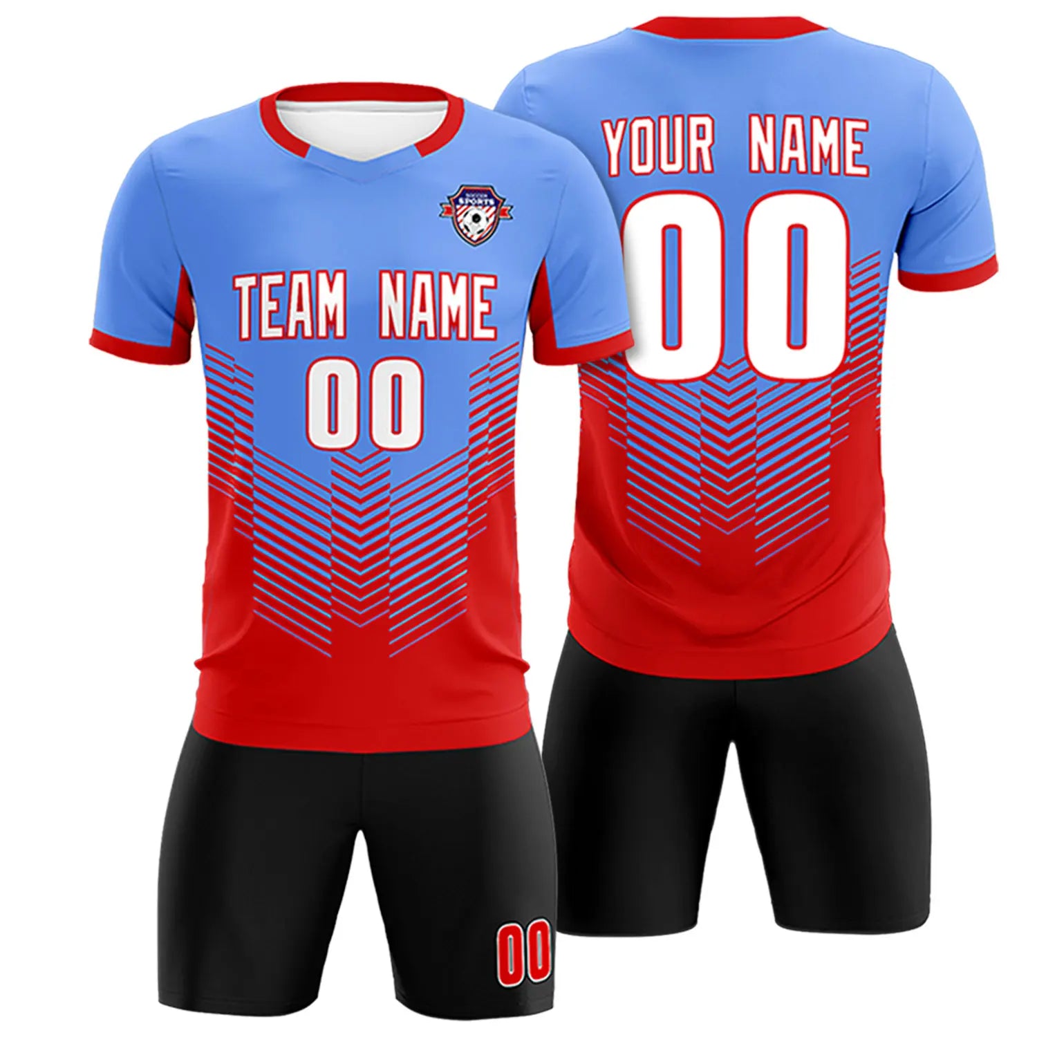 Custom Powder Blue Red Sport Soccer Sets Jersey