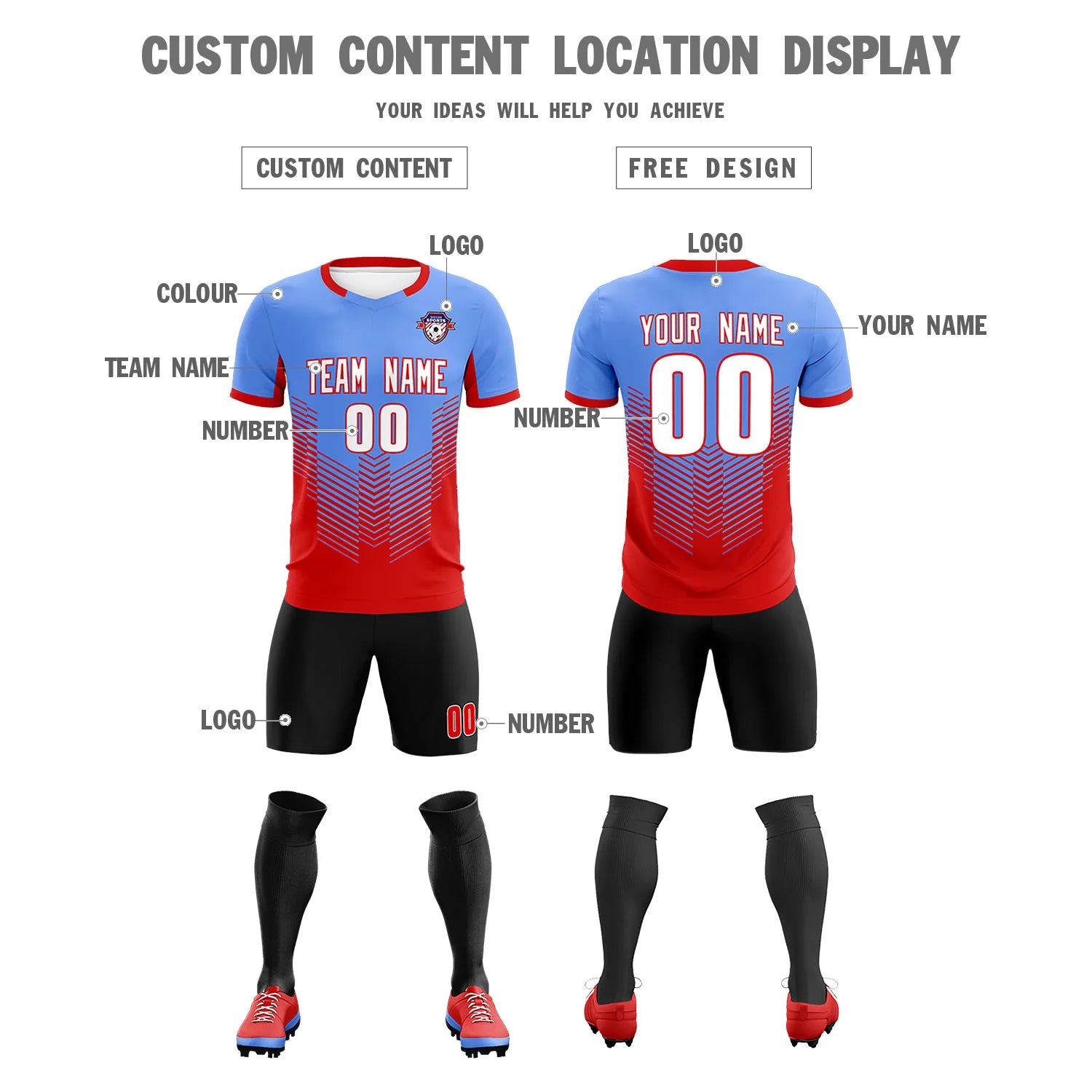 Custom Powder Blue Red Sport Soccer Sets Jersey