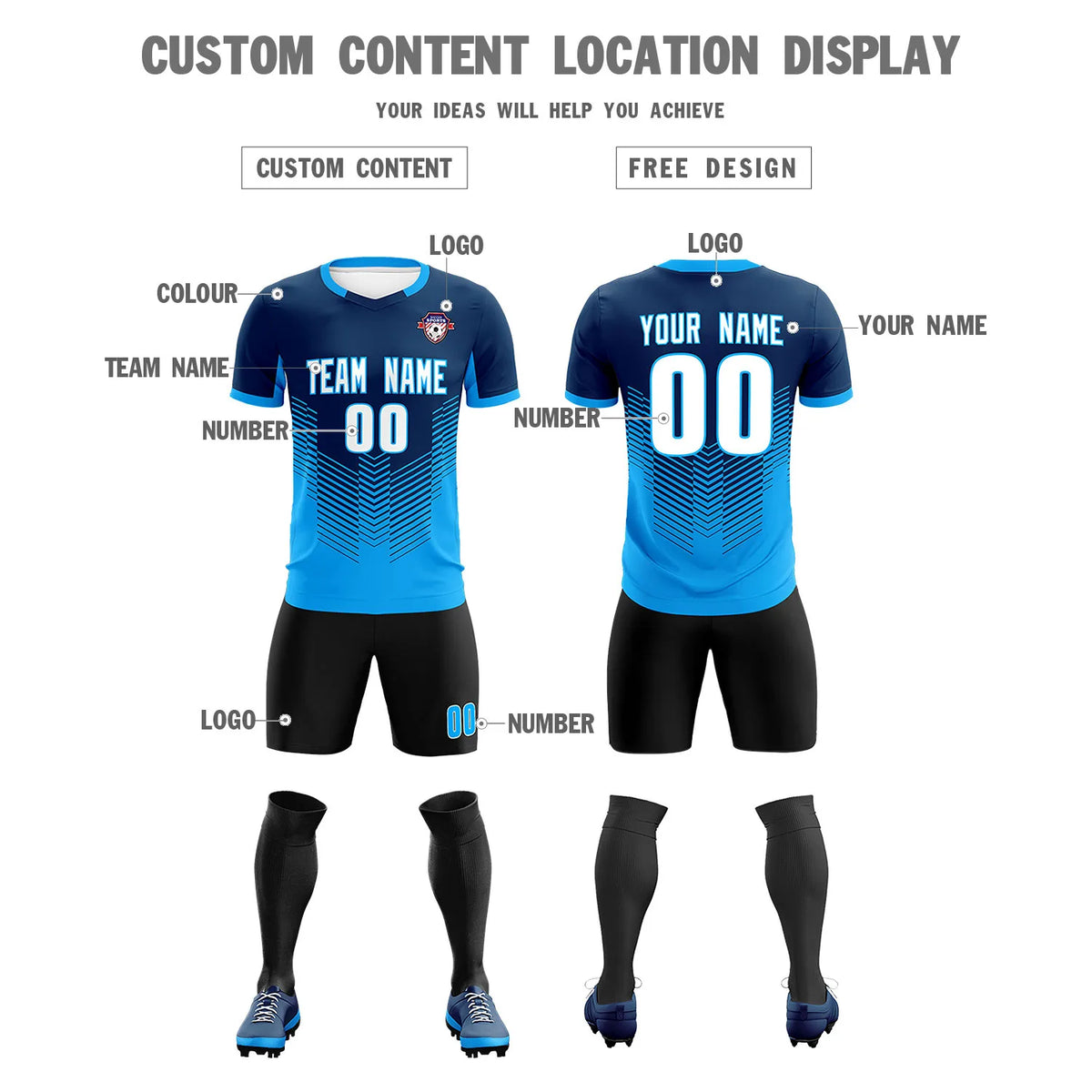 Custom Navy Powder Blue Sport Soccer Sets Jersey