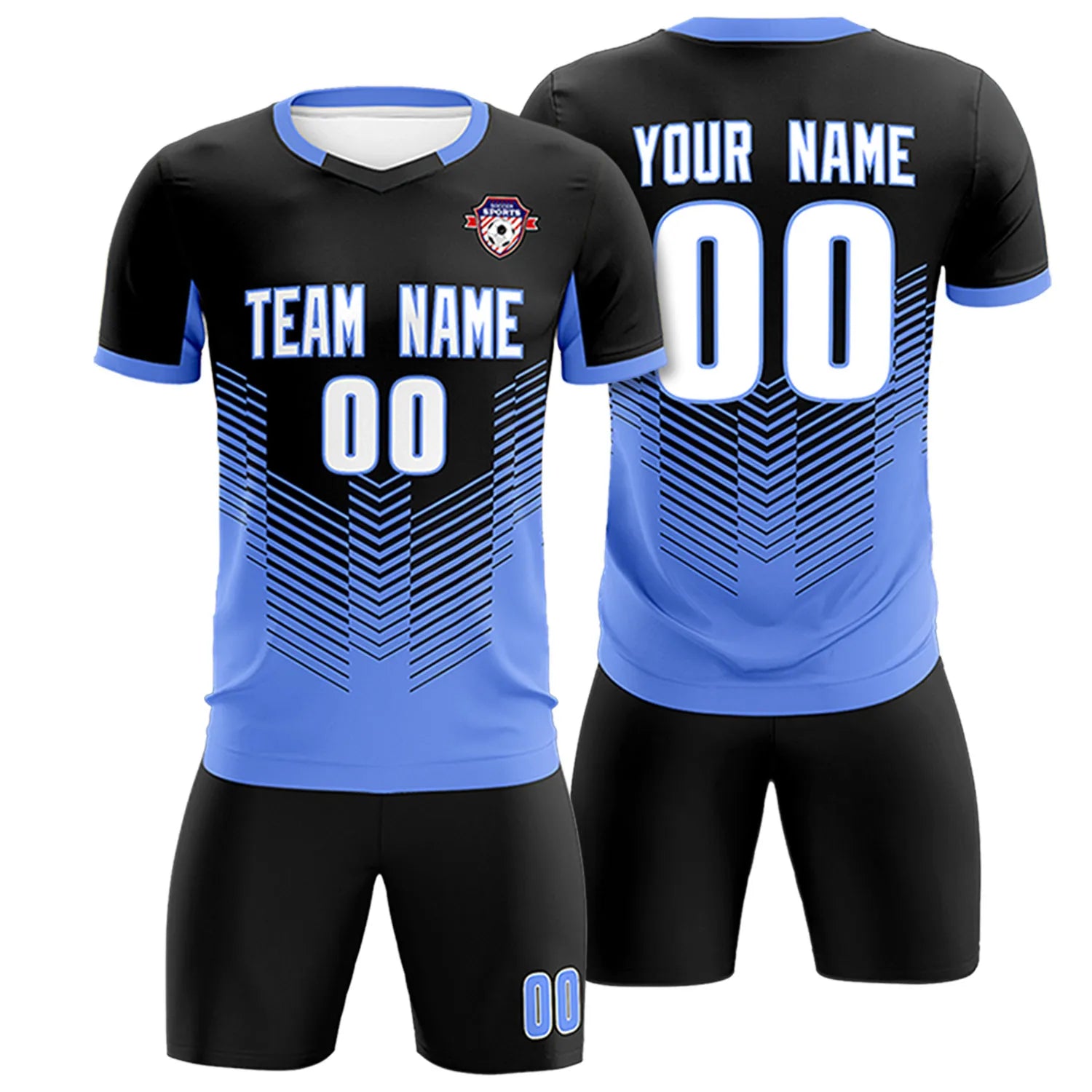 Custom Black Powder Blue Sport Soccer Sets Jersey