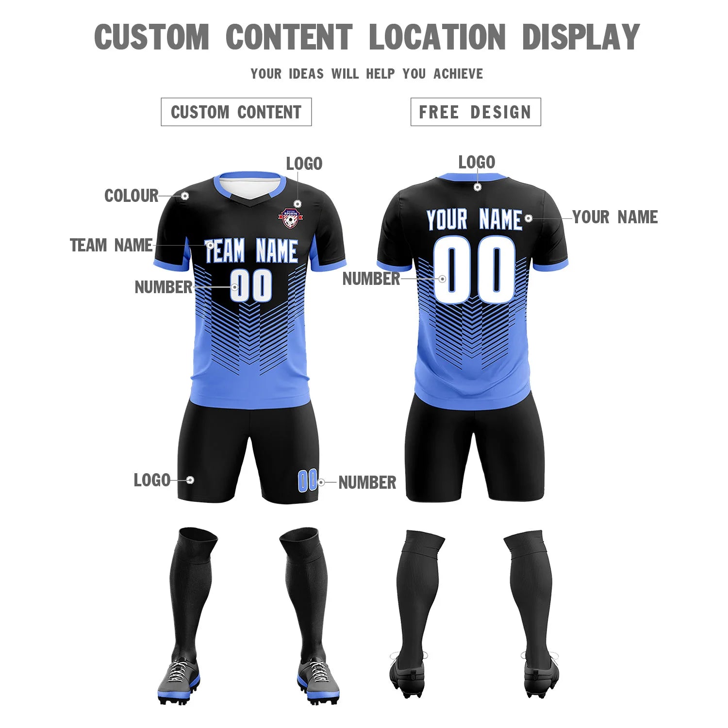 Custom Black Powder Blue Sport Soccer Sets Jersey