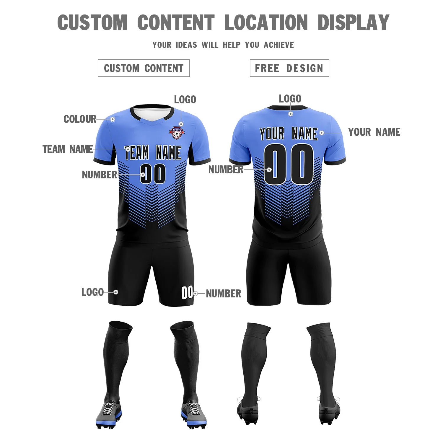 Custom Powder Blue Black Sport Soccer Sets Jersey