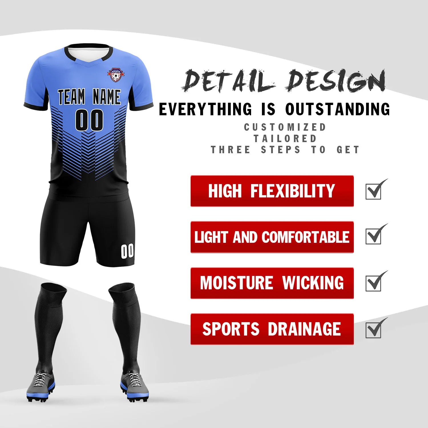 Custom Powder Blue Black Sport Soccer Sets Jersey