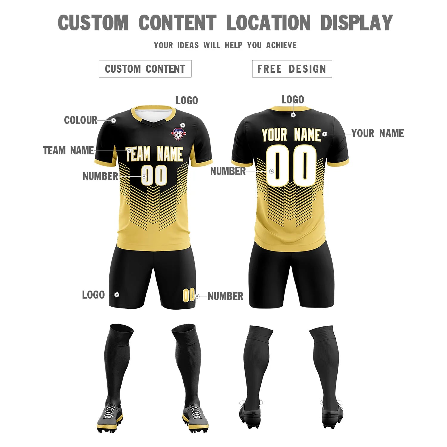 Custom Black Old Gold Sport Soccer Sets Jersey