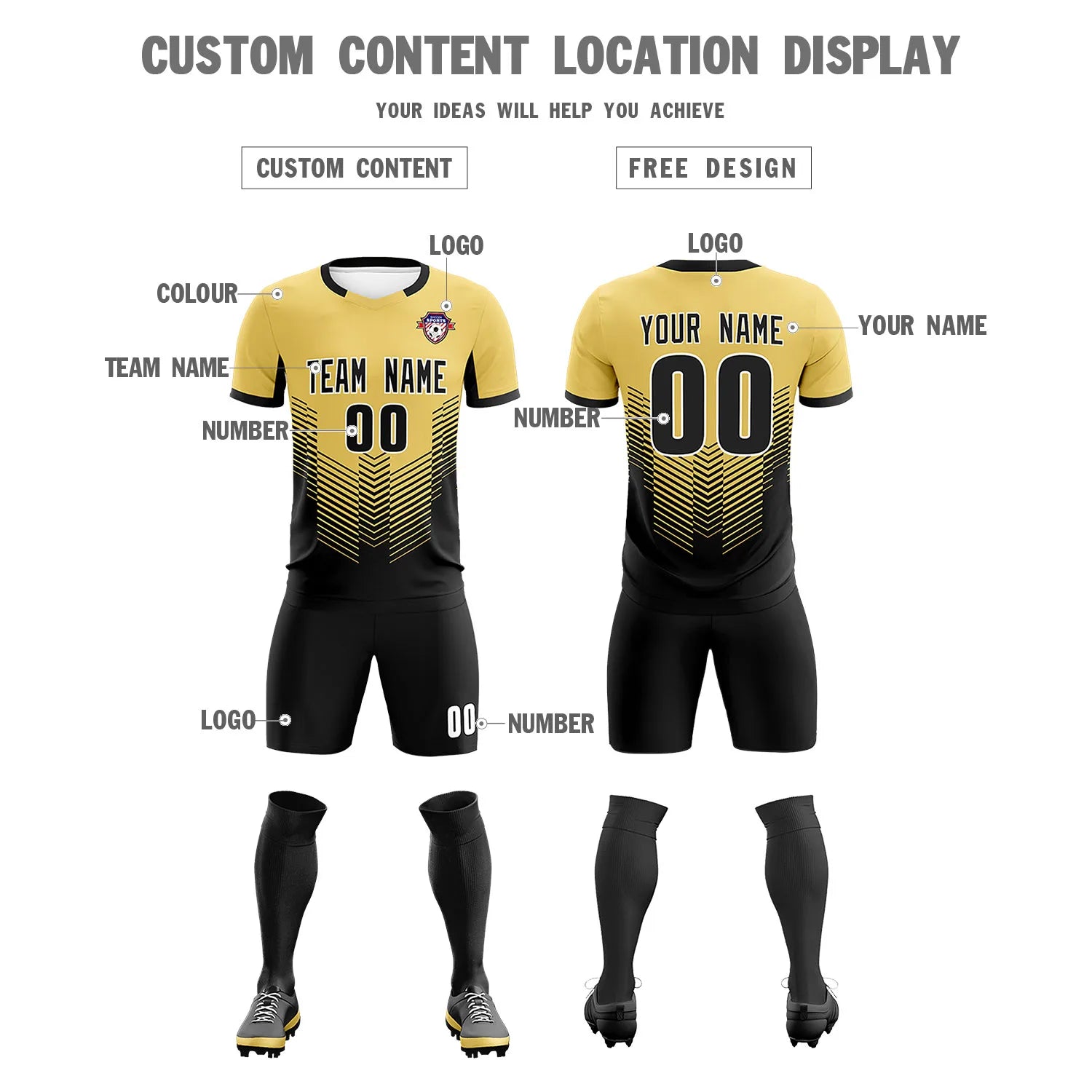 Custom Old Gold Black Sport Soccer Sets Jersey