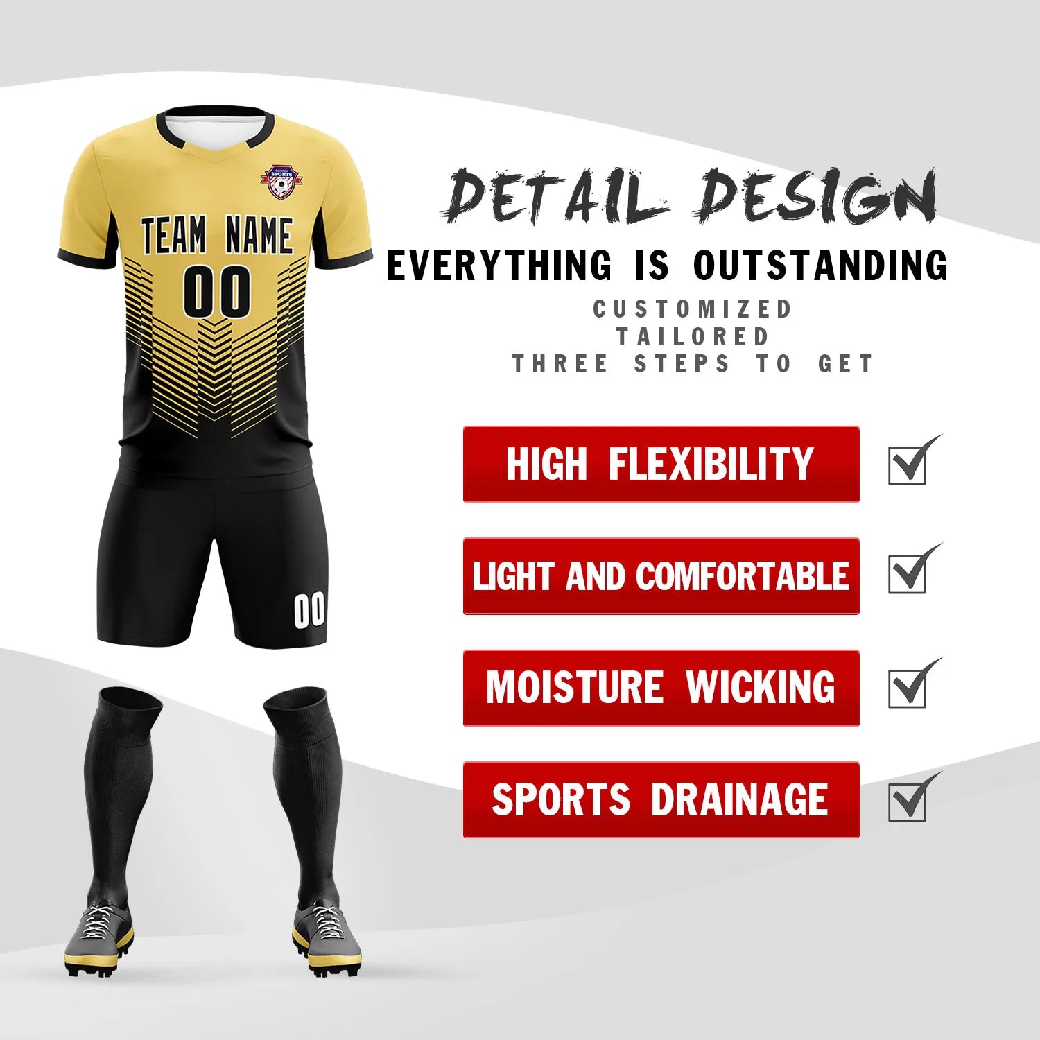 Custom Old Gold Black Sport Soccer Sets Jersey