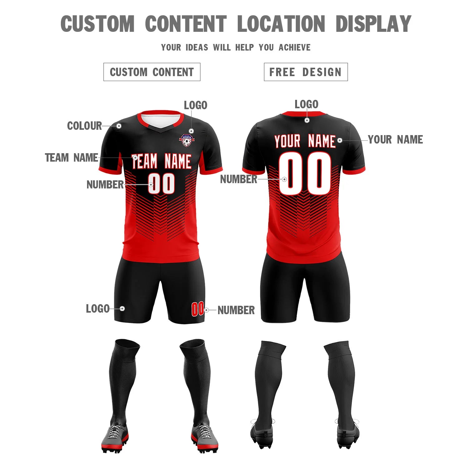 Custom Black Red Sport Soccer Sets Jersey