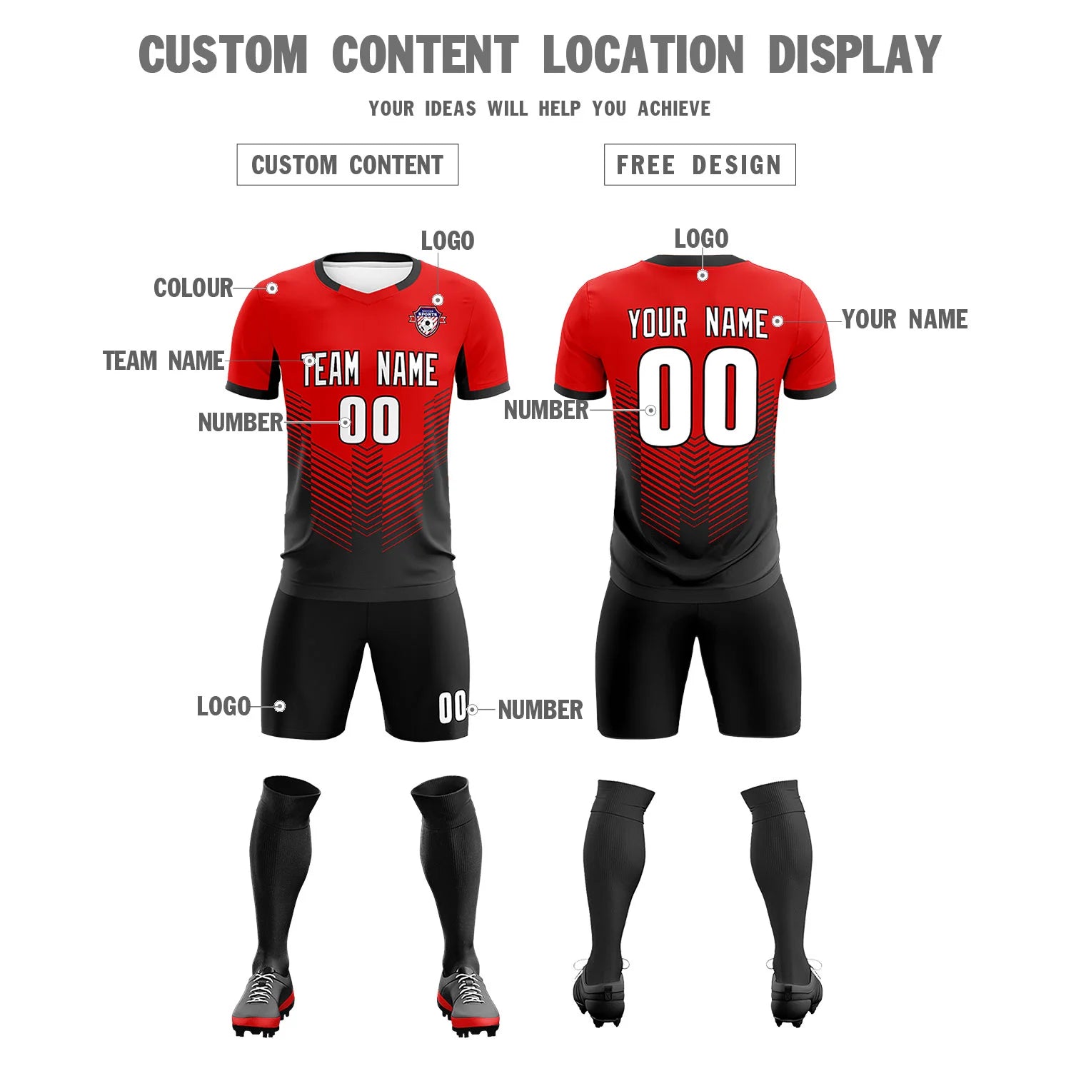 Custom Red Black Sport Soccer Sets Jersey
