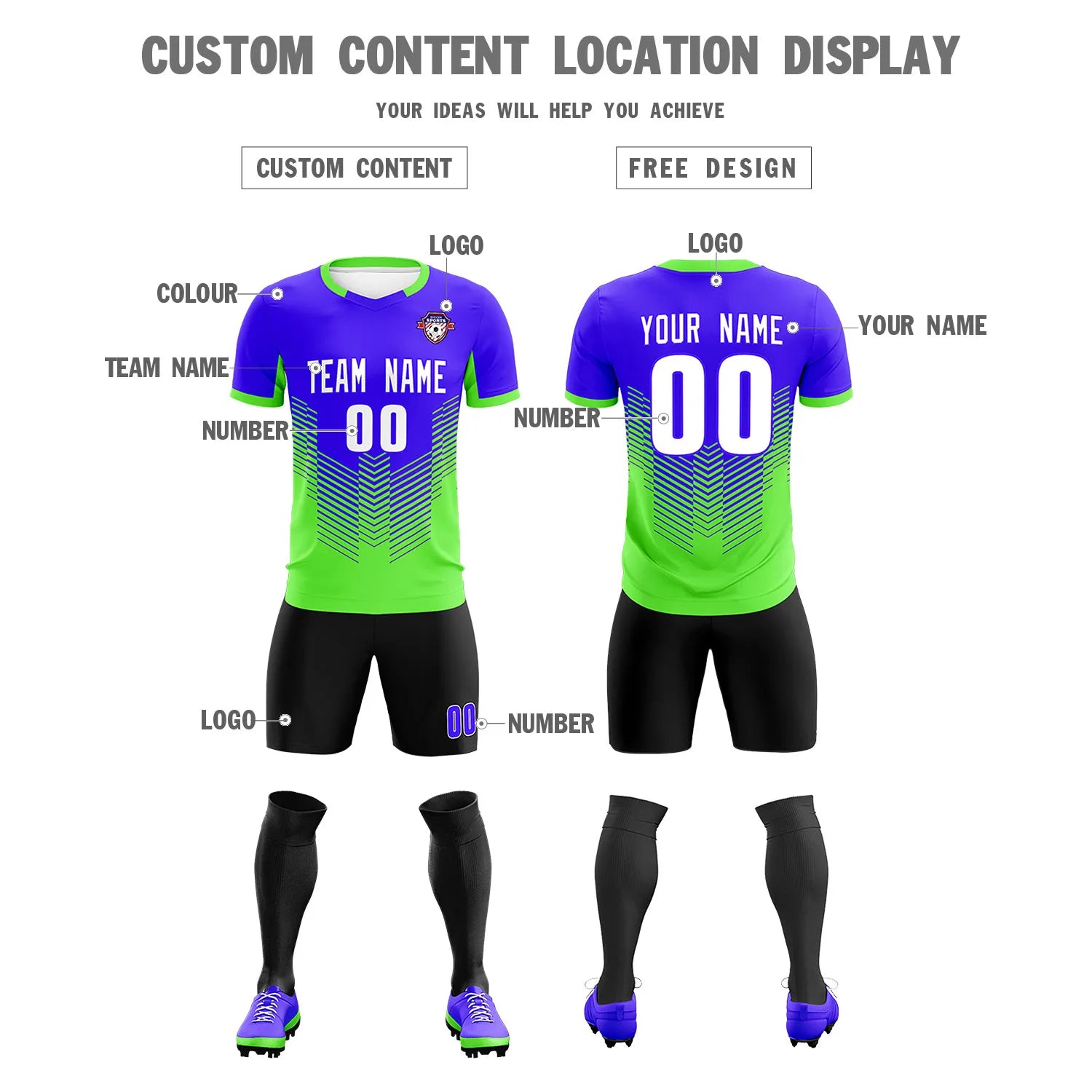 Custom Royal Blue Neon Green Sport Soccer Sets Jersey