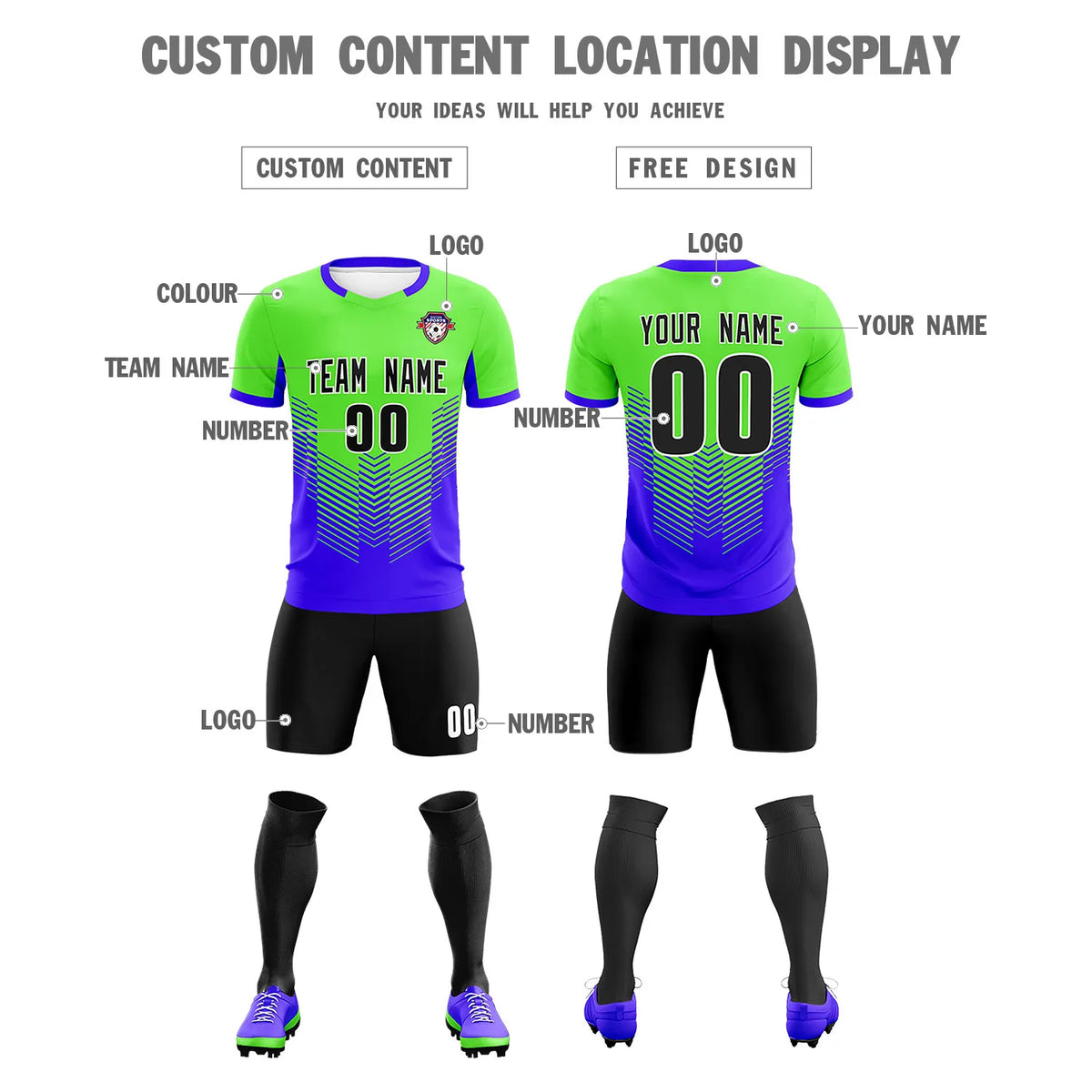 Custom Neon Green Royal Blue Sport Soccer Sets Jersey
