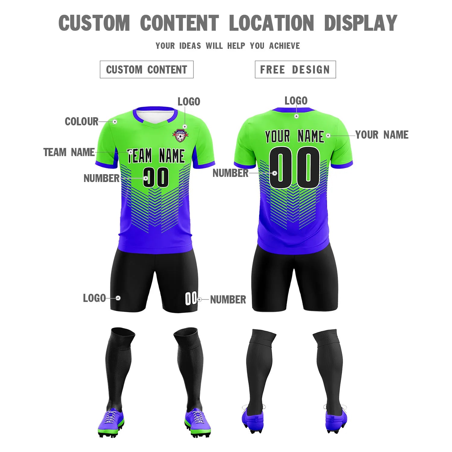 Custom Neon Green Royal Blue Sport Soccer Sets Jersey