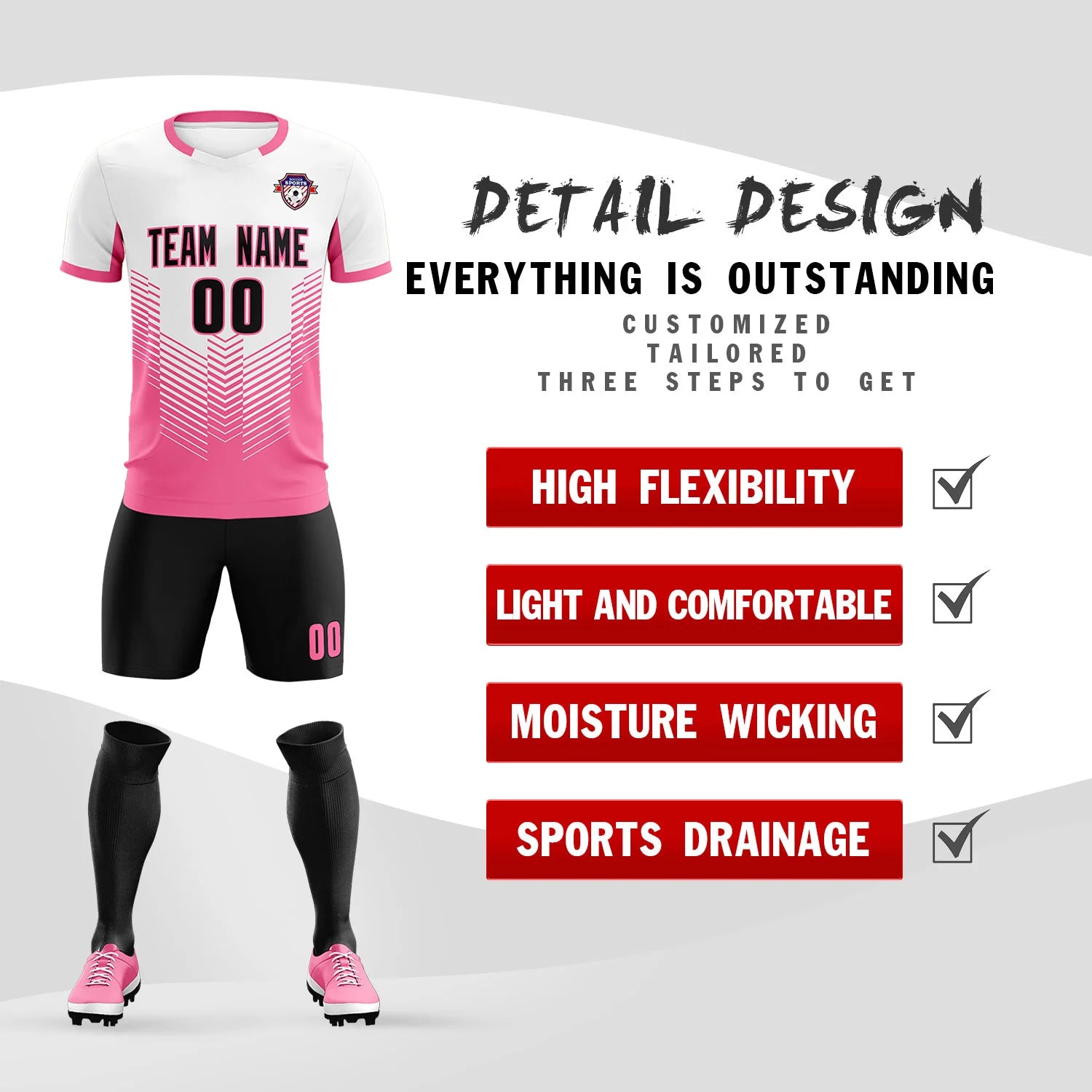 Custom White Pink Sport Soccer Sets Jersey