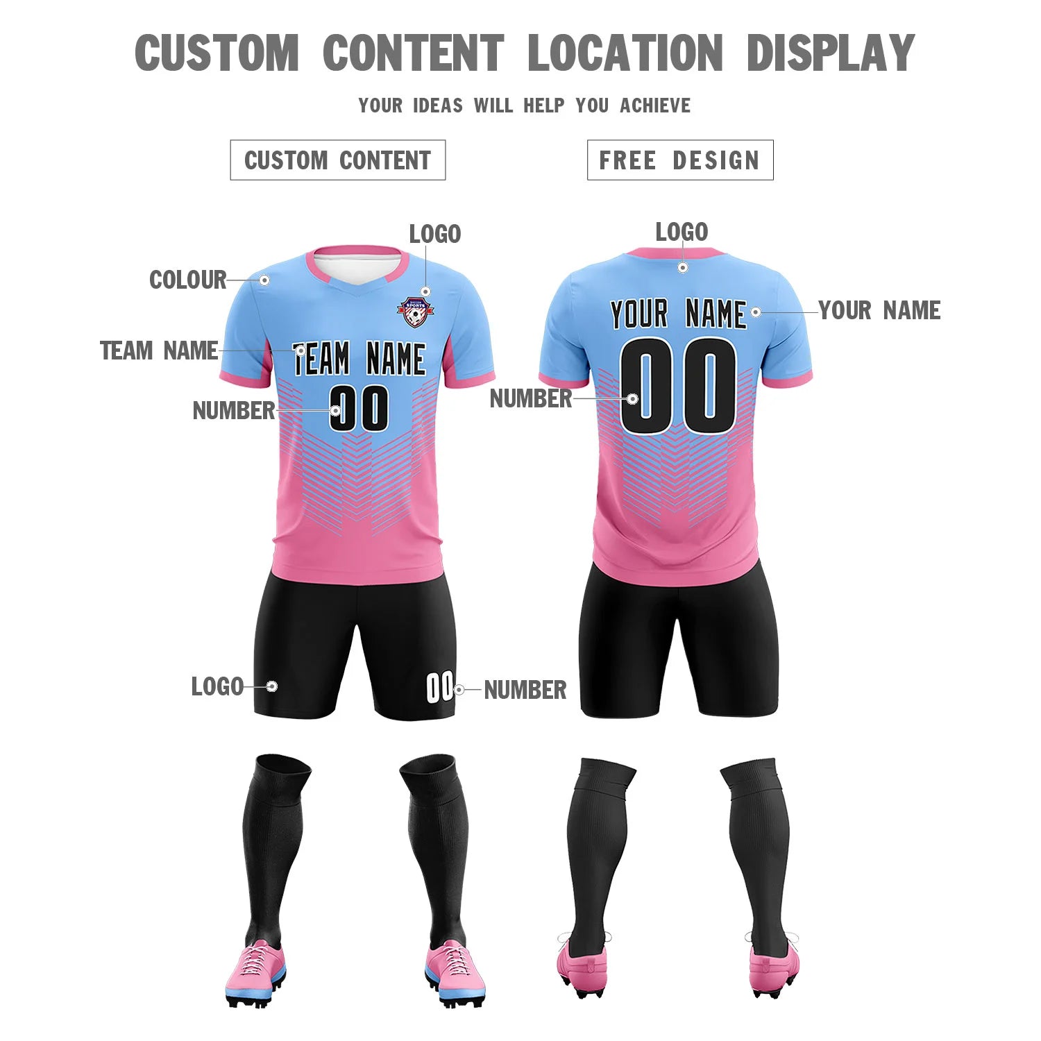 Custom Powder Blue Pink Sport Soccer Sets Jersey
