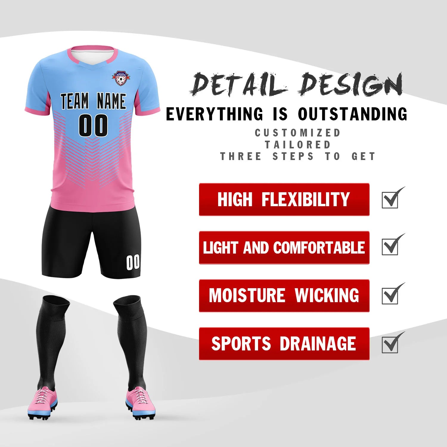 Custom Powder Blue Pink Sport Soccer Sets Jersey