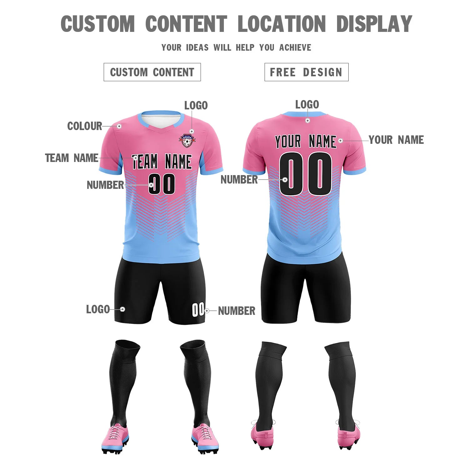 Custom Pink Powder Blue Sport Soccer Sets Jersey
