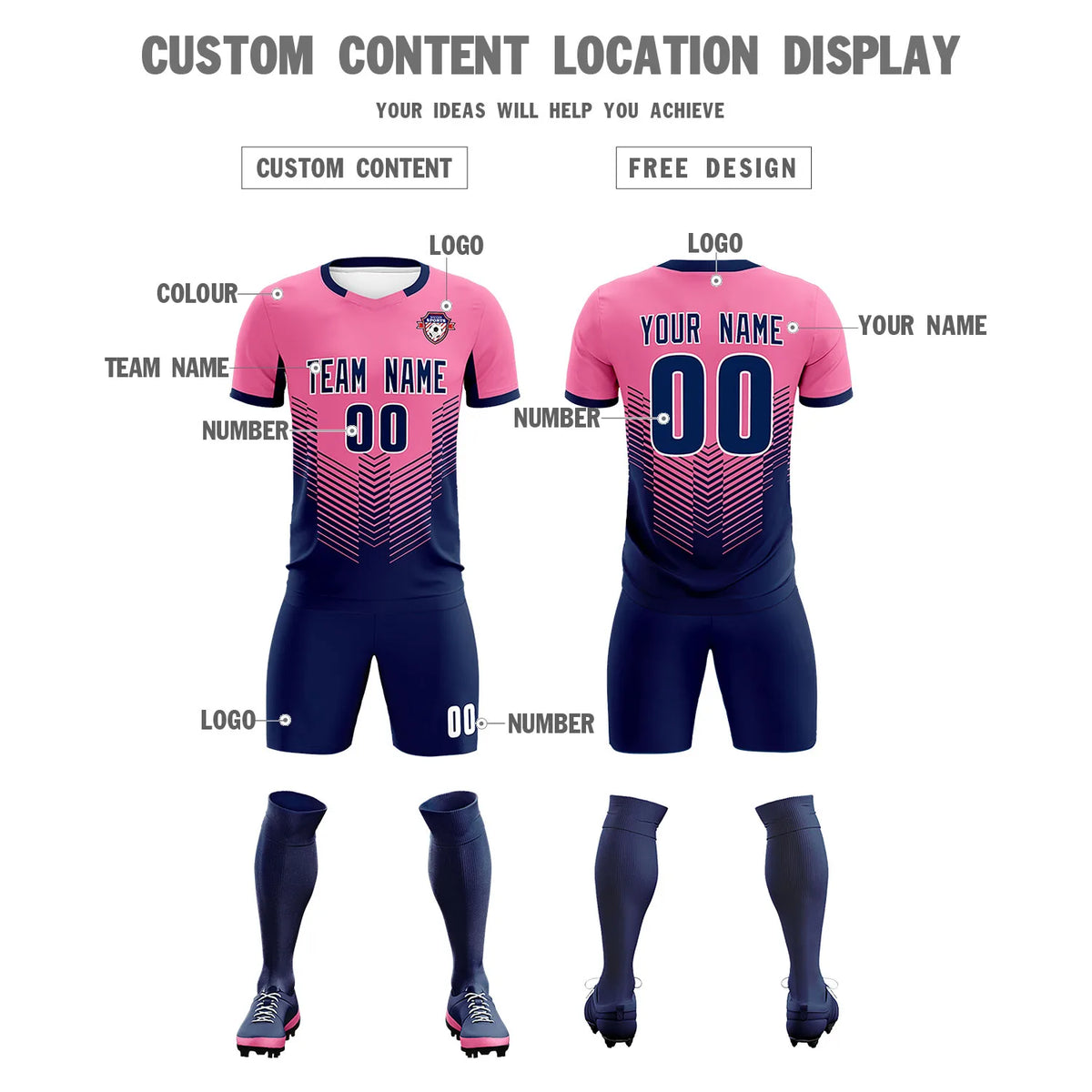 Custom Pink Navy Sport Soccer Sets Jersey
