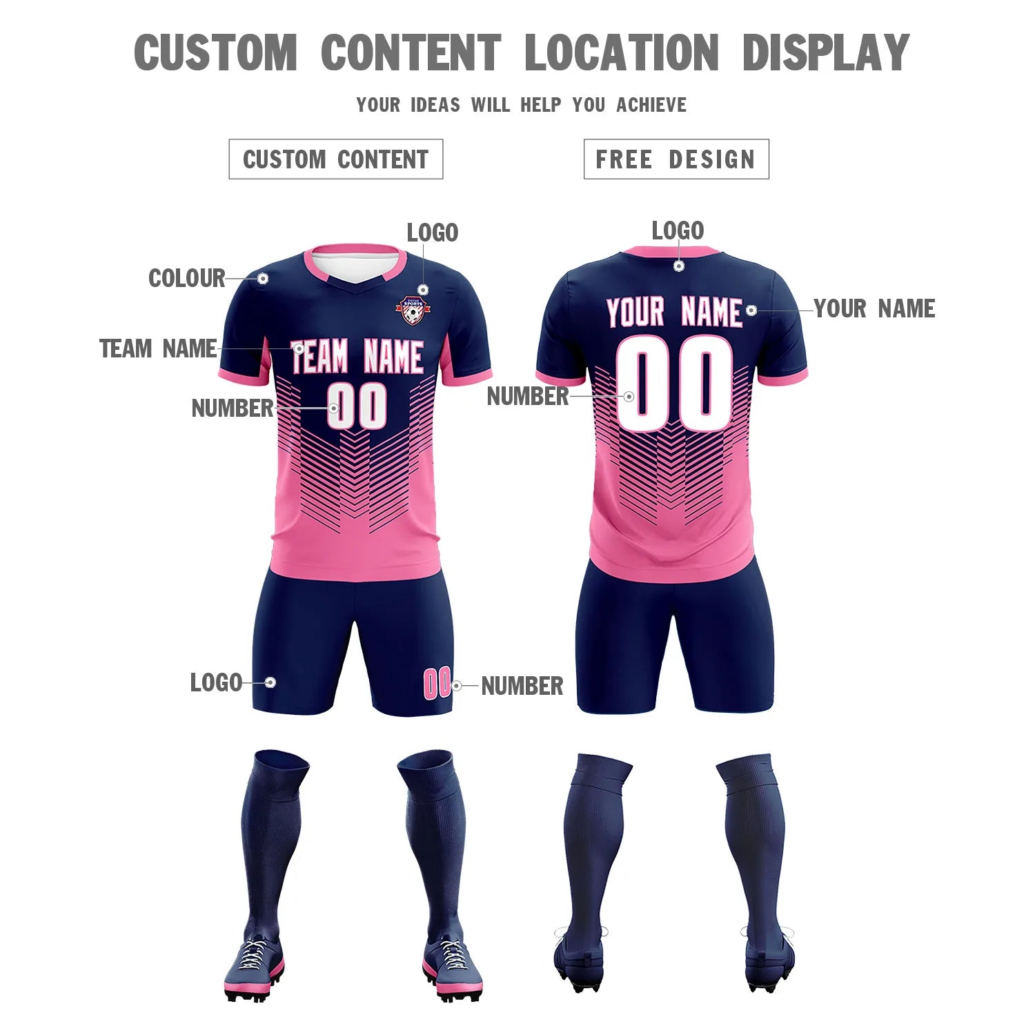 Custom Navy Pink Sport Soccer Sets Jersey