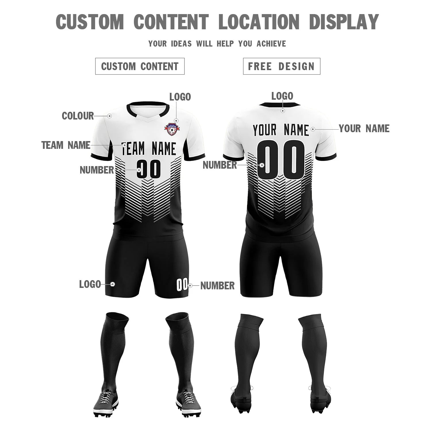 Custom White Black Sport Soccer Sets Jersey
