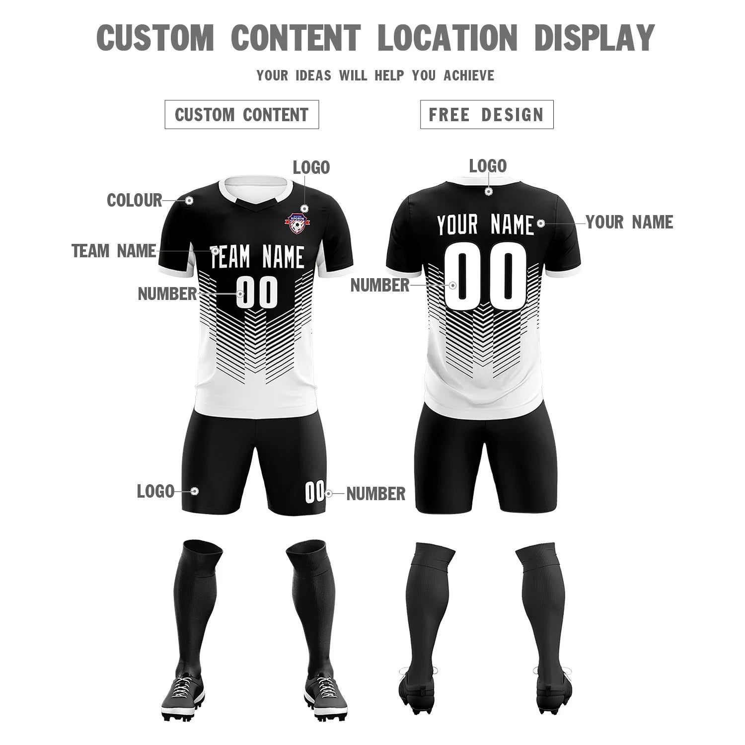 Custom Black White Sport Soccer Sets Jersey