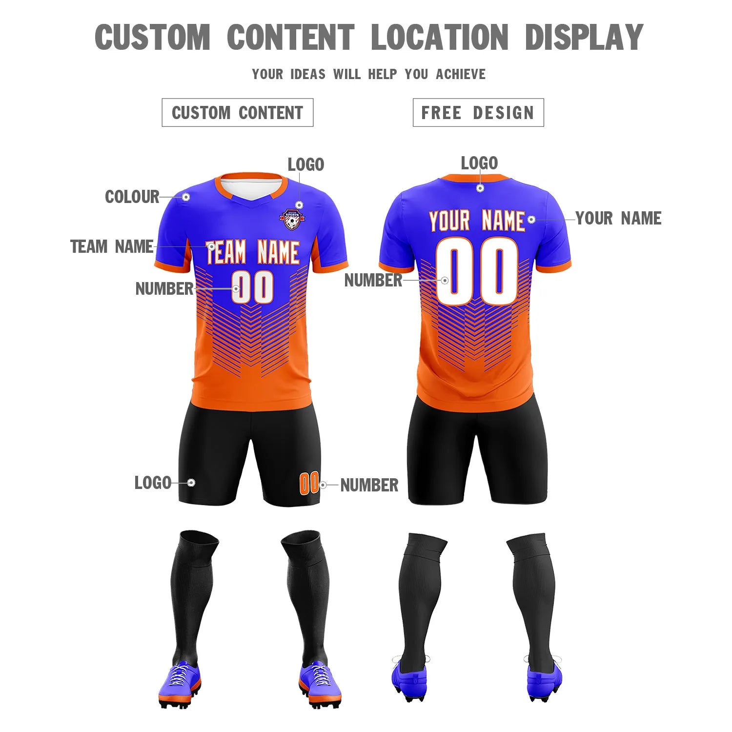 Custom Royal Blue Orange Sport Soccer Sets Jersey