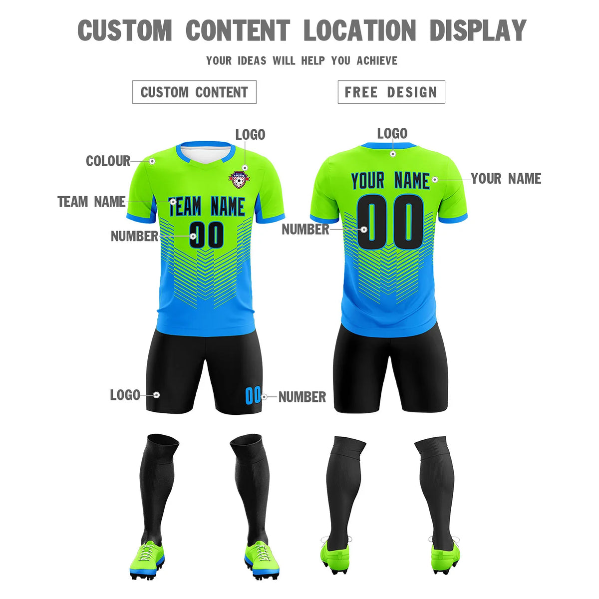 Custom Neon Green Powder Blue Sport Soccer Sets Jersey