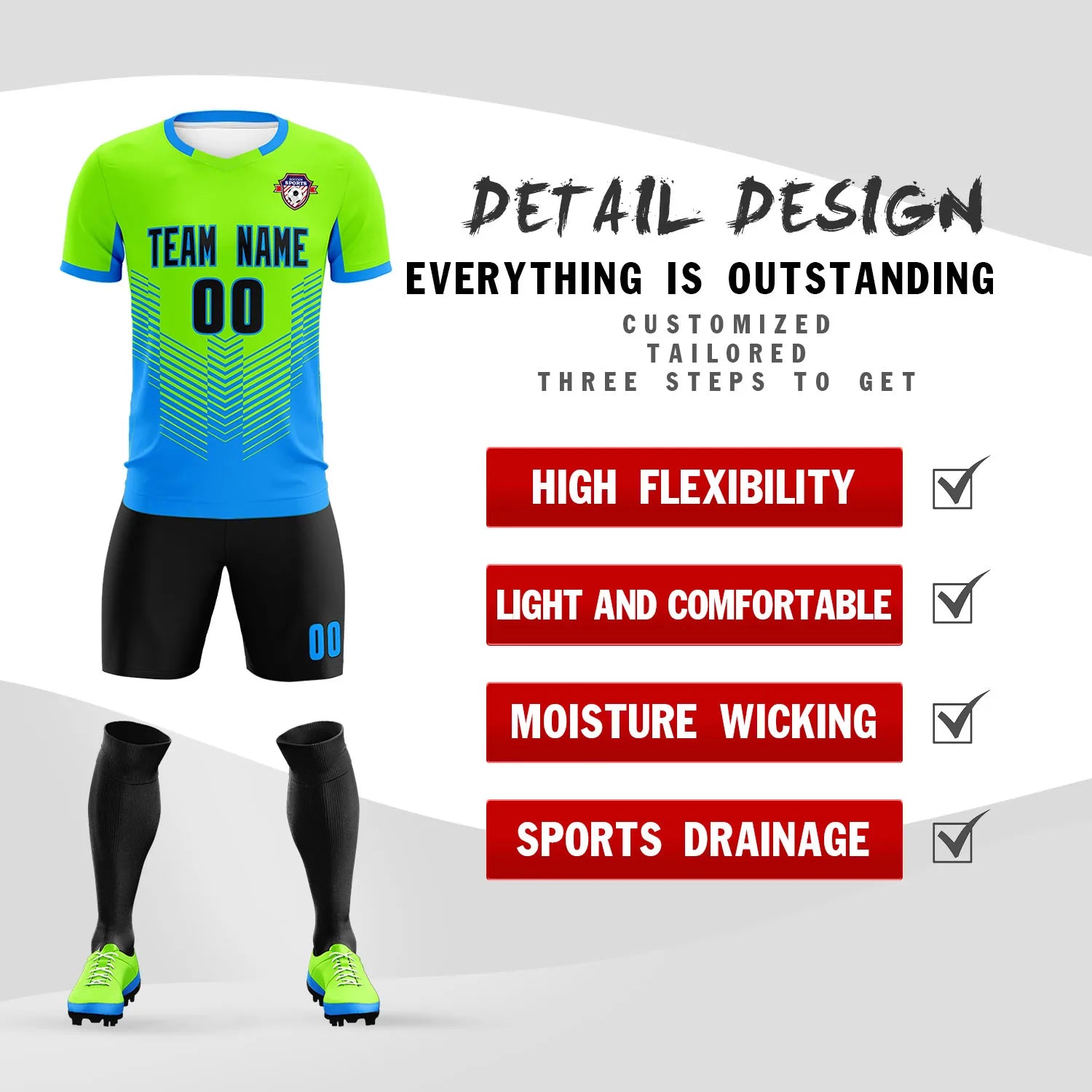 Custom Neon Green Powder Blue Sport Soccer Sets Jersey