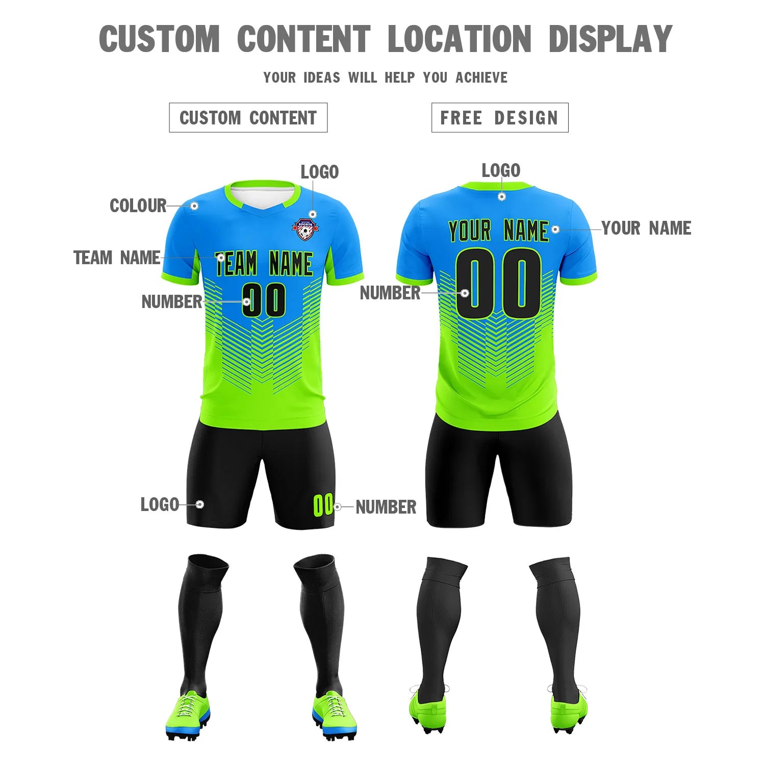 Custom Powder Blue Neon Green Sport Soccer Sets Jersey