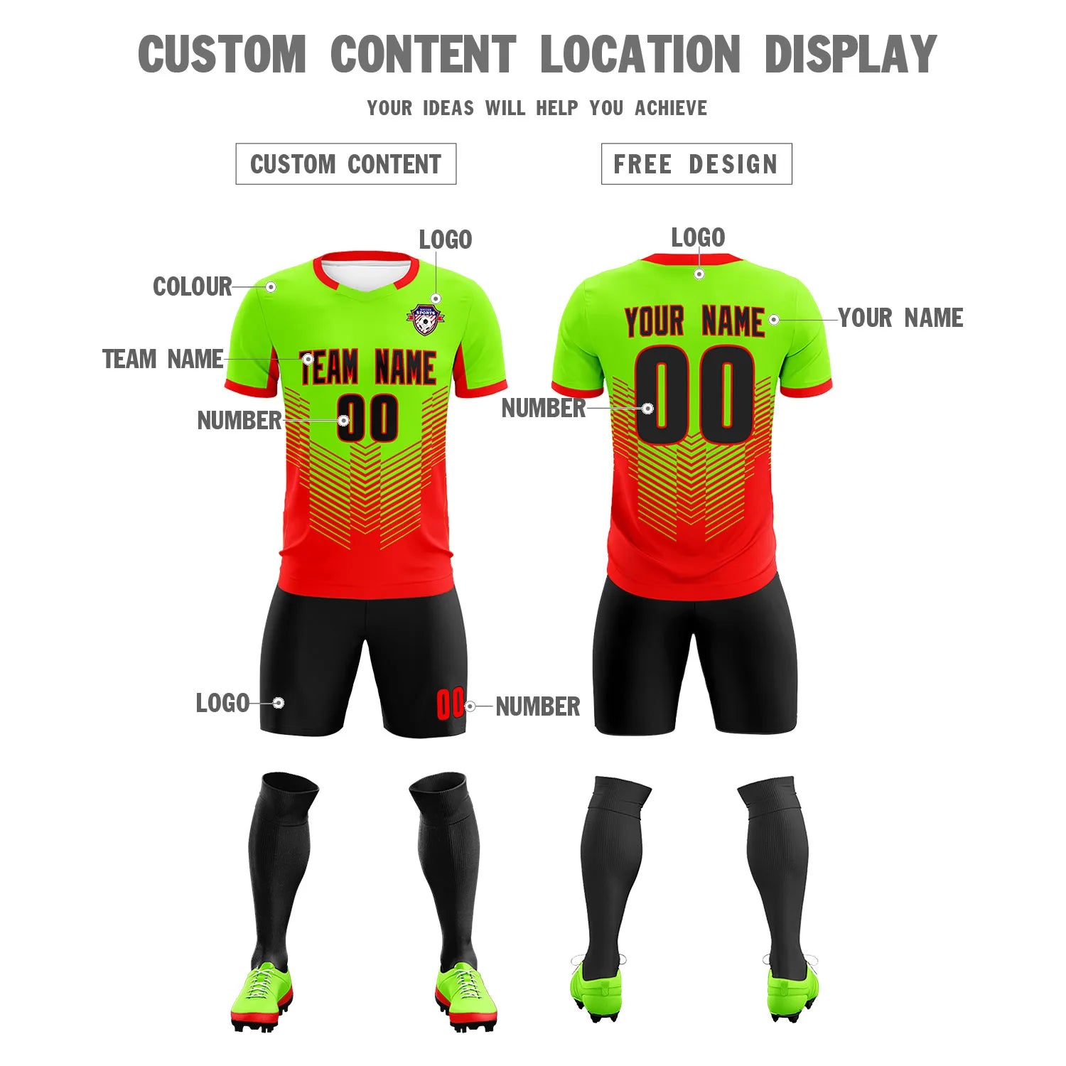 Custom Neon Green Red Sport Soccer Sets Jersey
