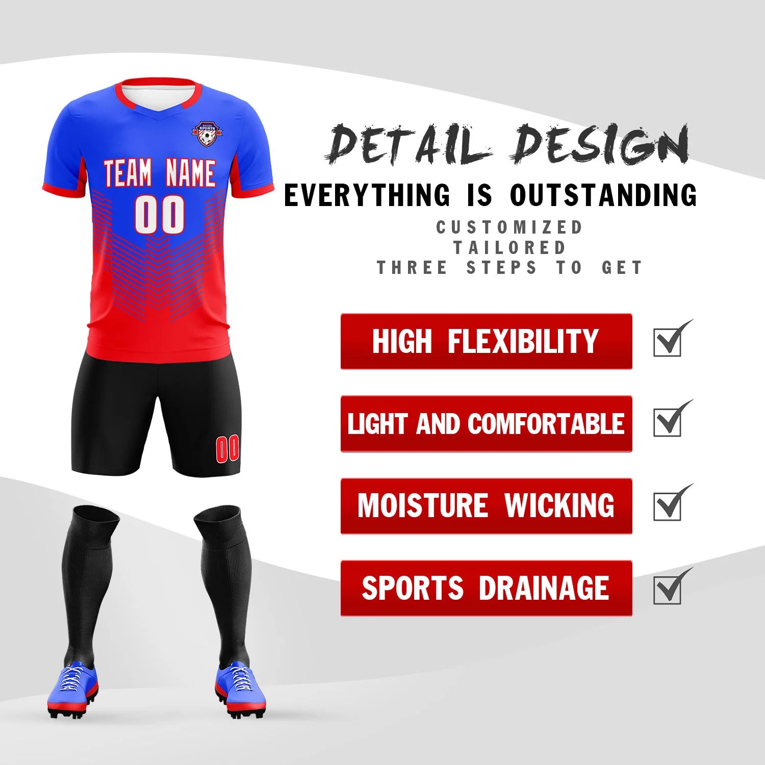 Custom Royal Blue Red Sport Soccer Sets Jersey