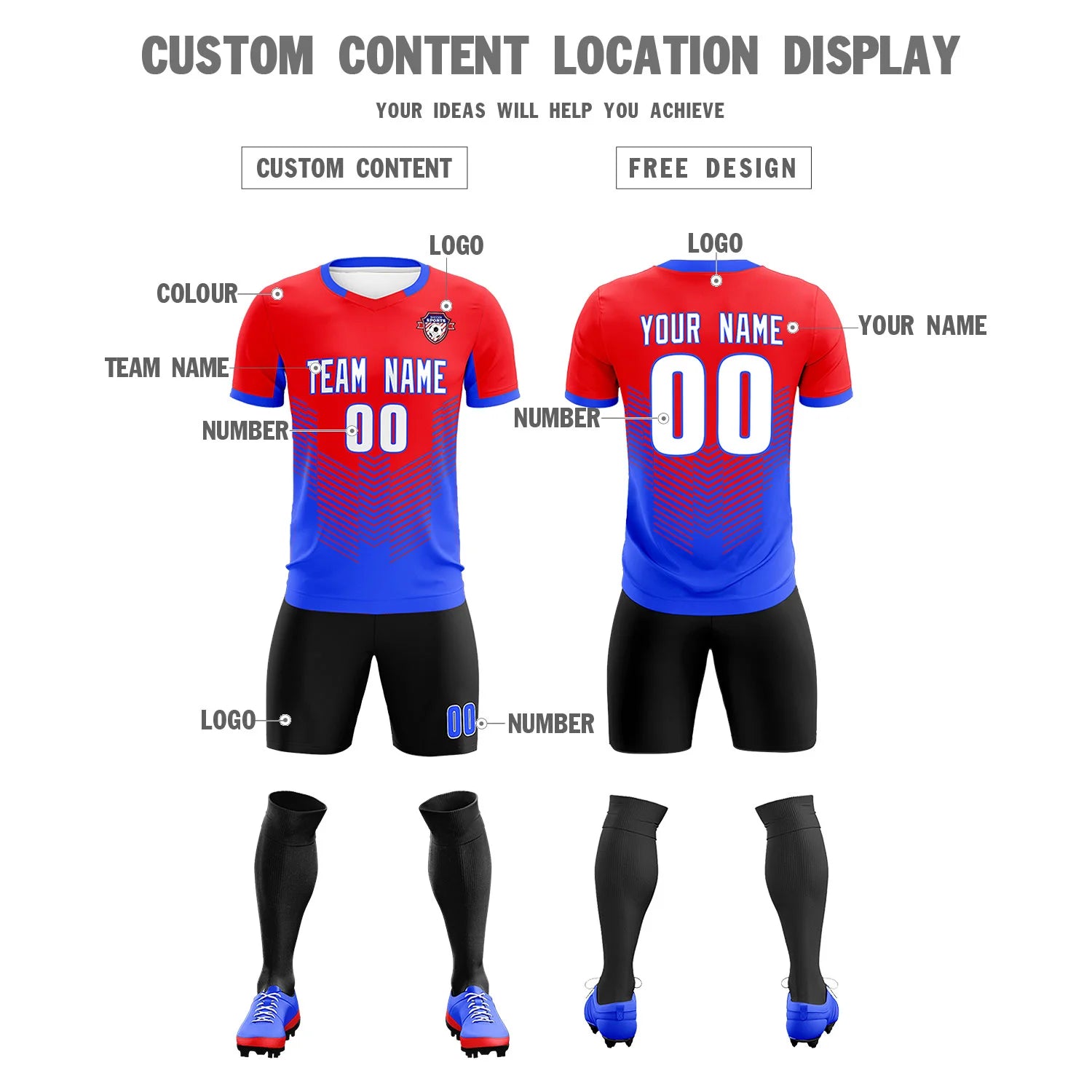 Custom Red Royal Blue Sport Soccer Sets Jersey