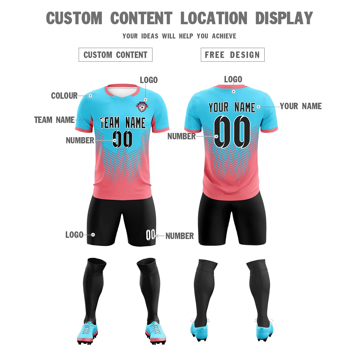 Custom Aqua Light Red Sport Soccer Sets Jersey