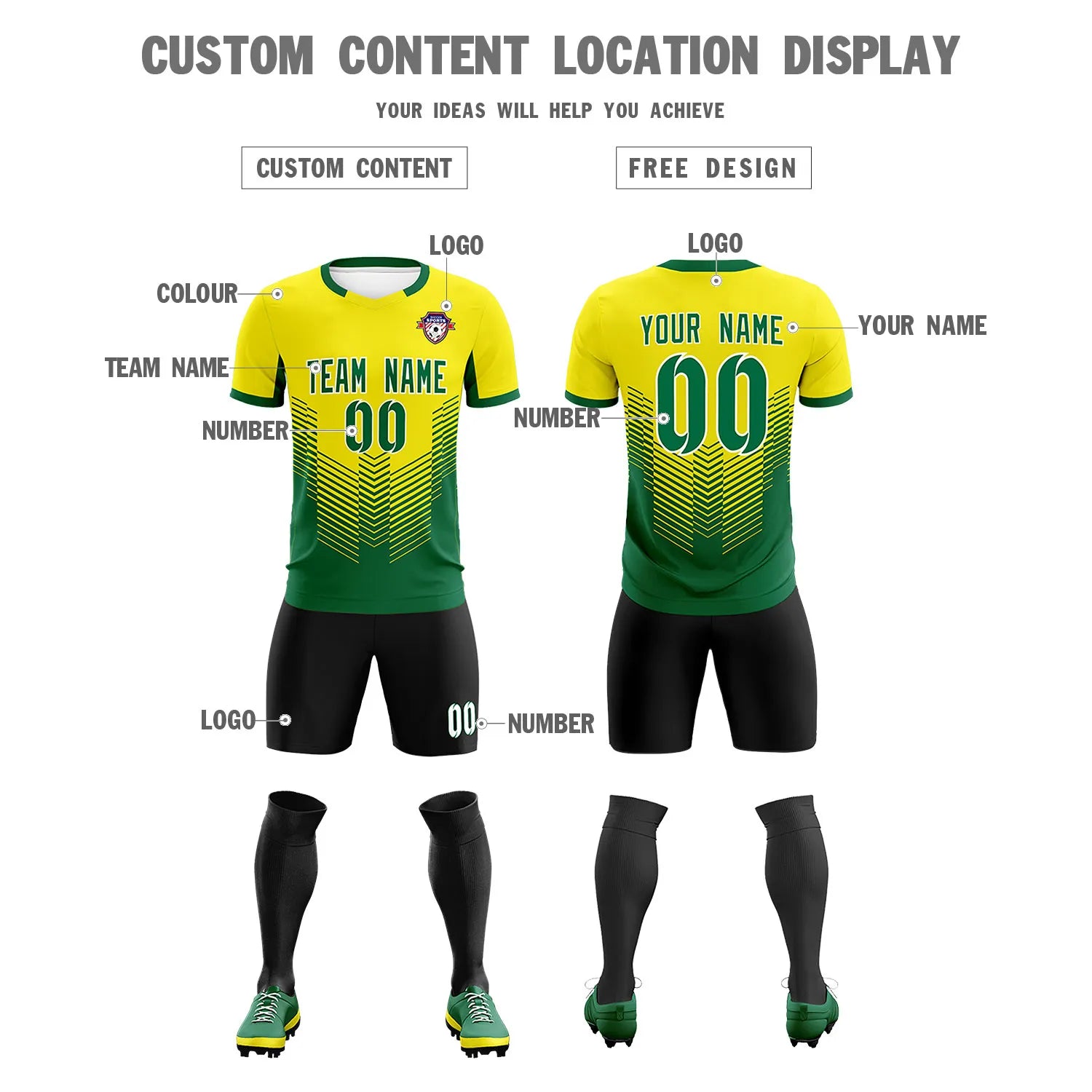 Custom Gold01 Kelly Green Sport Soccer Sets Jersey