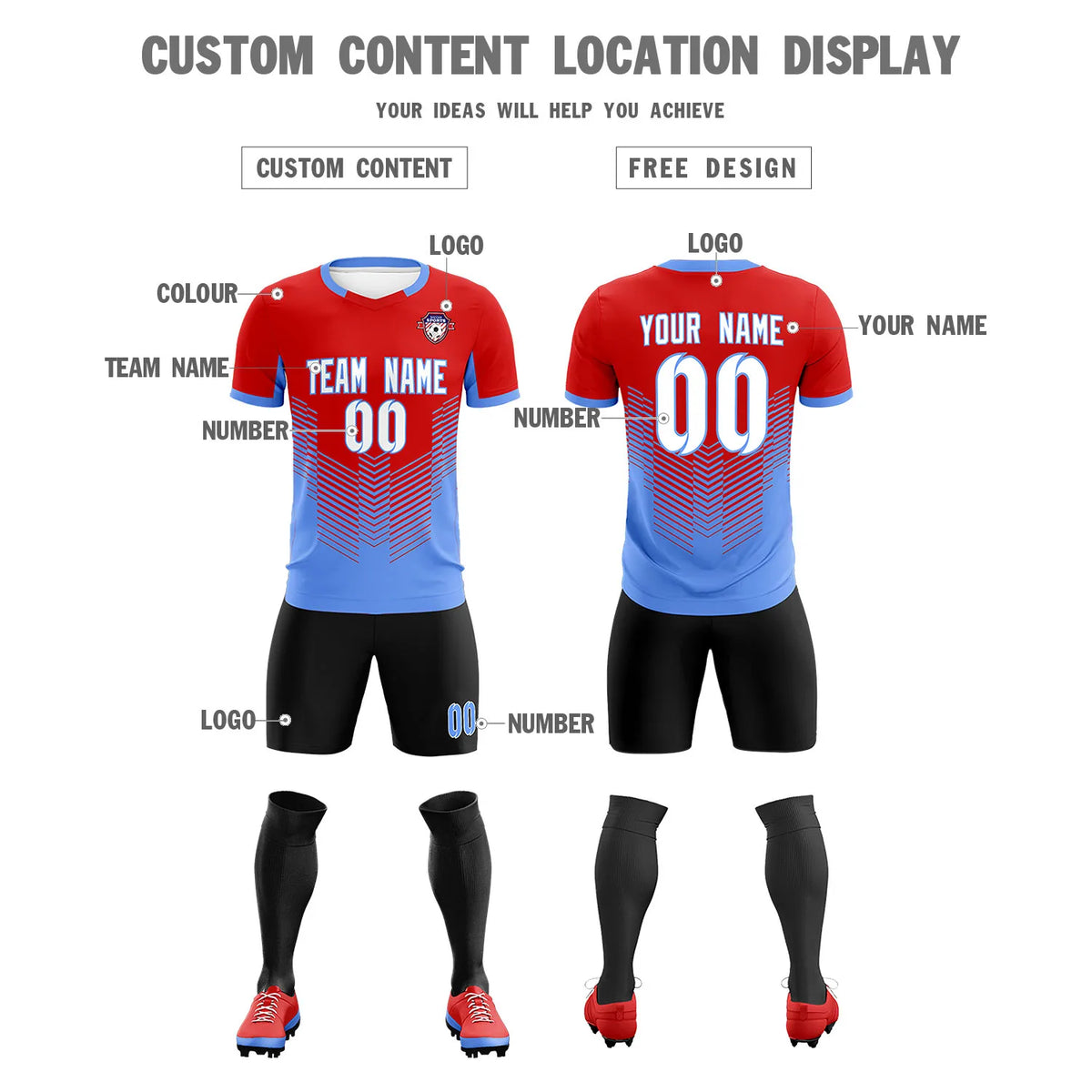 Custom Red Powder Blue Sport Soccer Sets Jersey