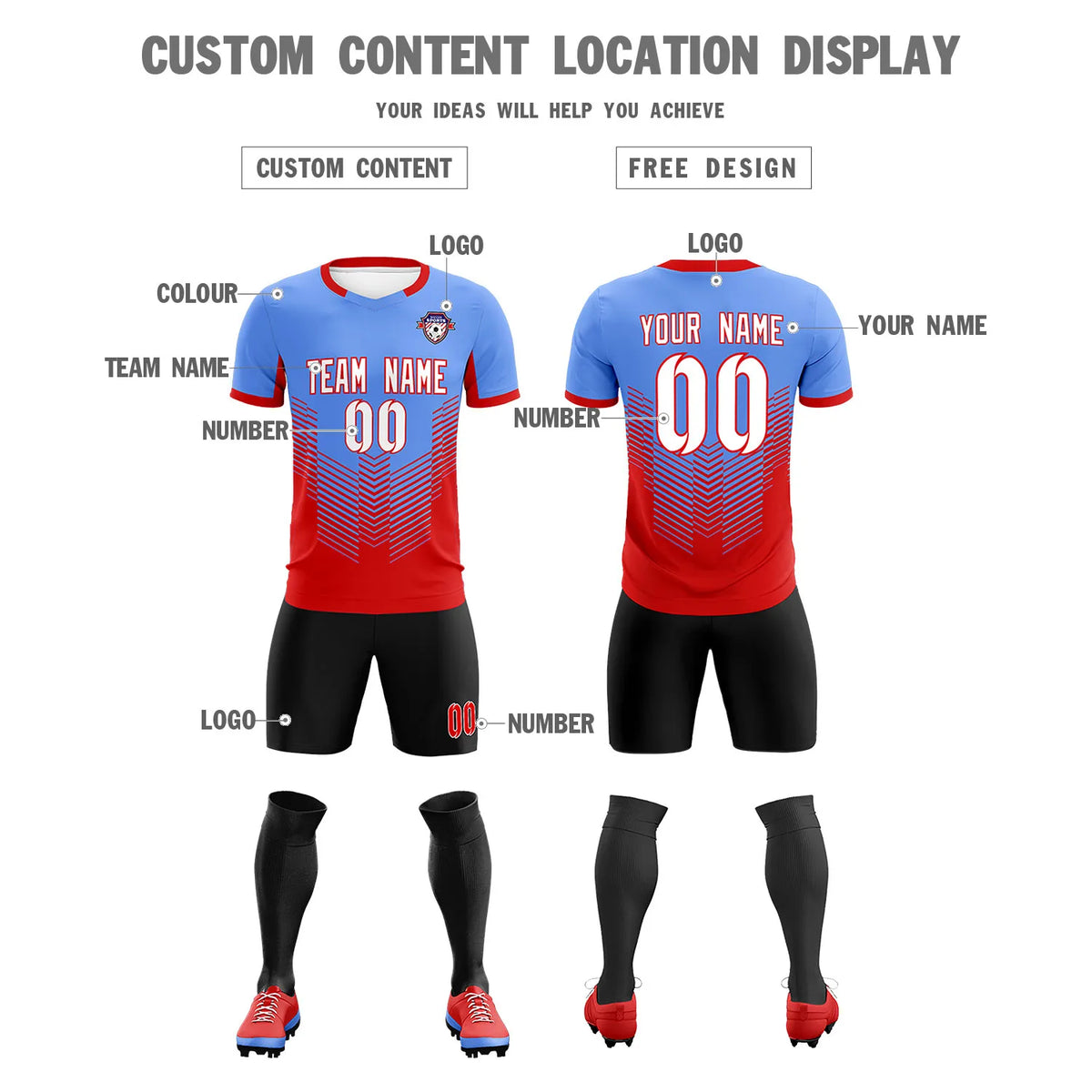 Custom Powder Blue Red Sport Soccer Sets Jersey
