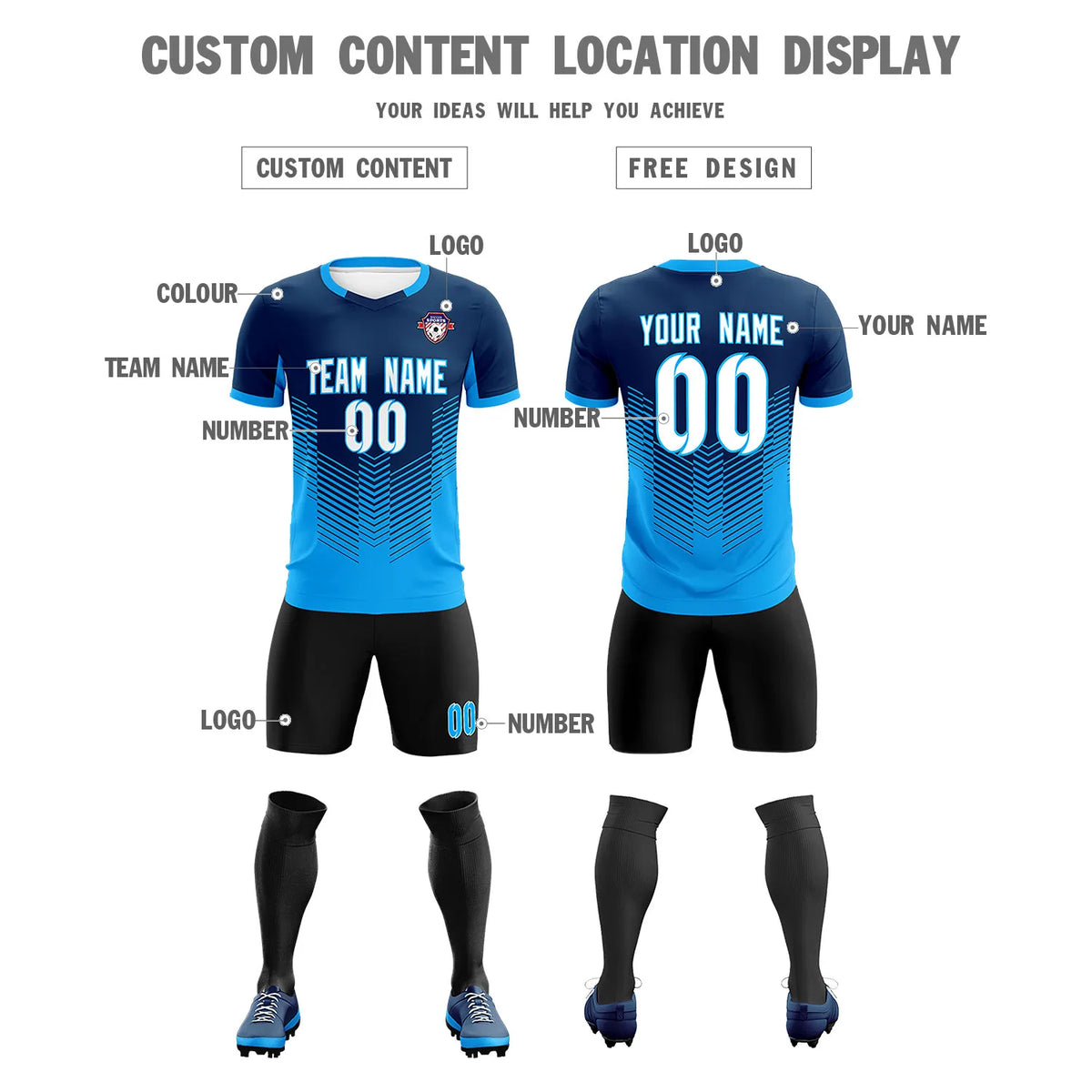 Custom Navy Powder Blue Sport Soccer Sets Jersey