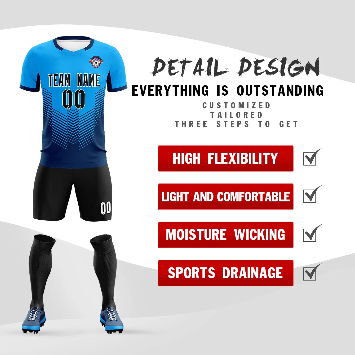 Custom Powder Blue Navy Sport Soccer Sets Jersey