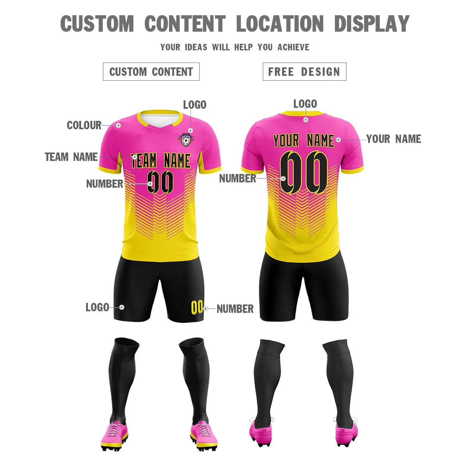 Custom Pink Yellow Sport Soccer Sets Jersey