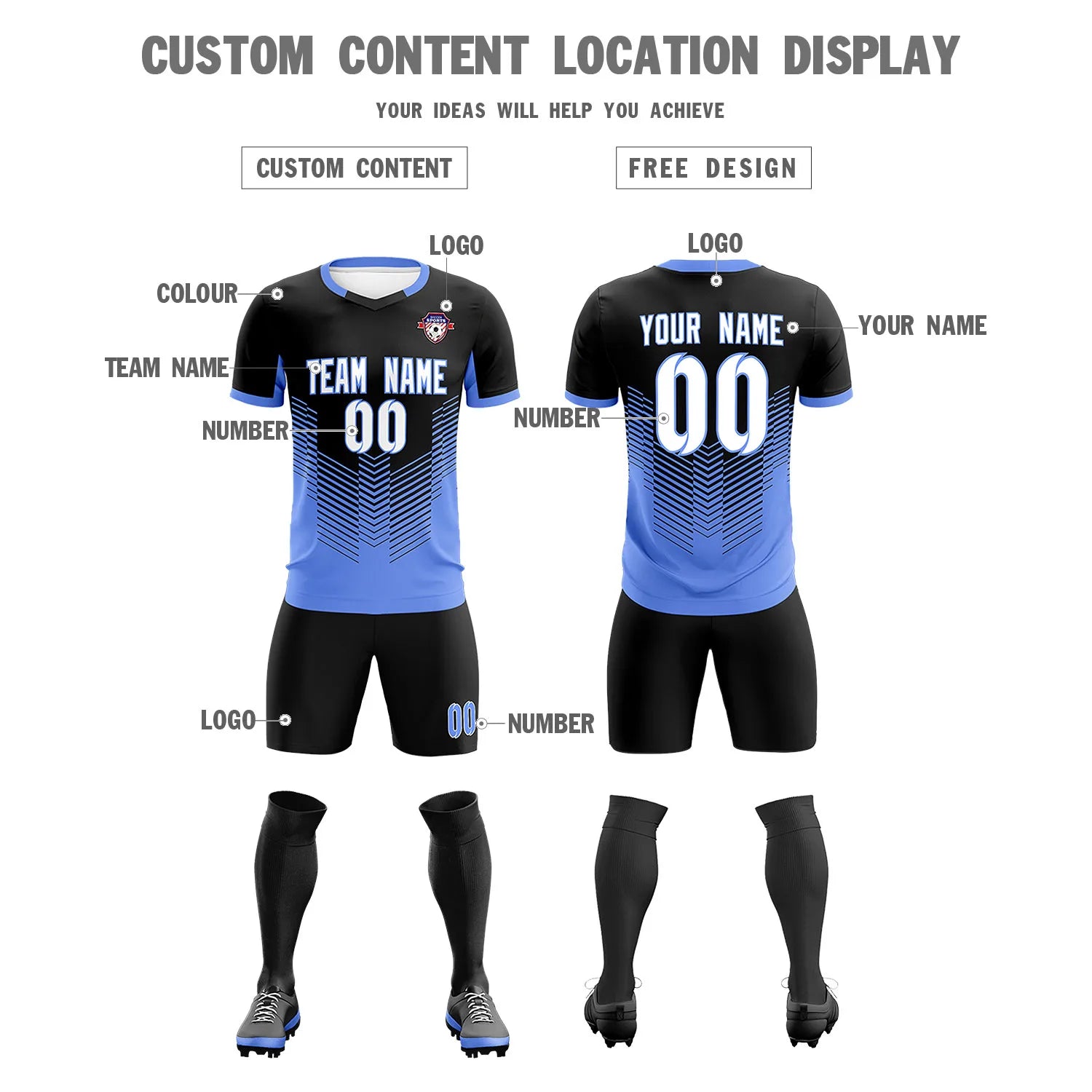 Custom Black Powder Blue Sport Soccer Sets Jersey