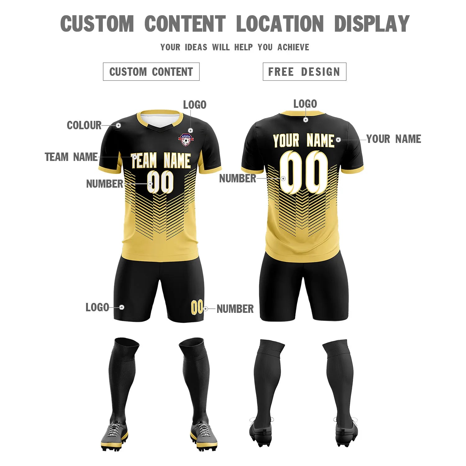 Custom Black Old Gold Sport Soccer Sets Jersey