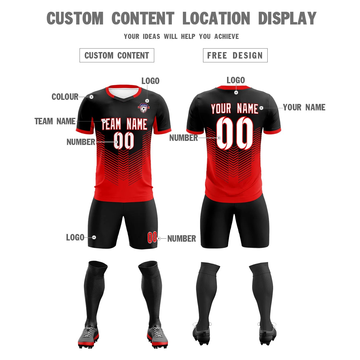 Custom Black Red Sport Soccer Sets Jersey