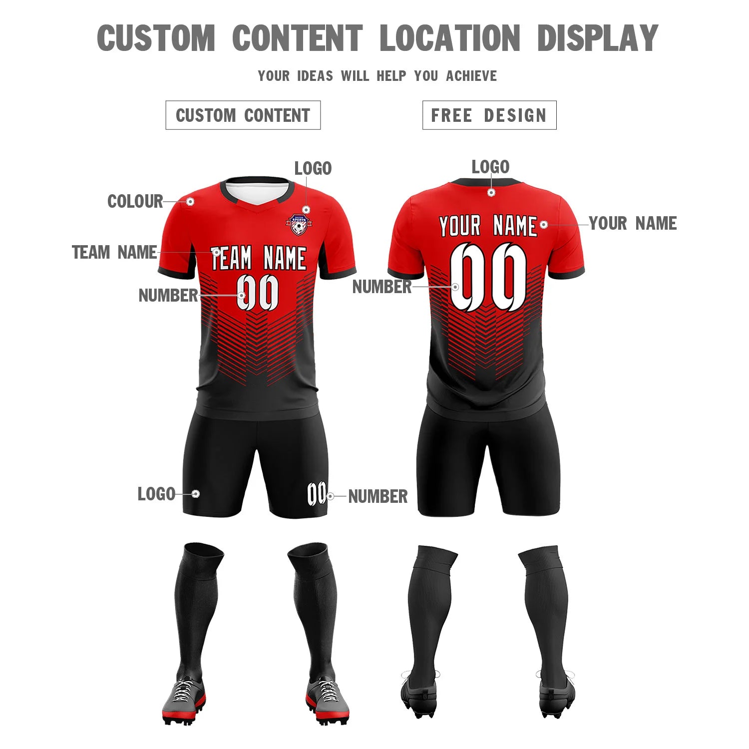 Custom Red Black Sport Soccer Sets Jersey