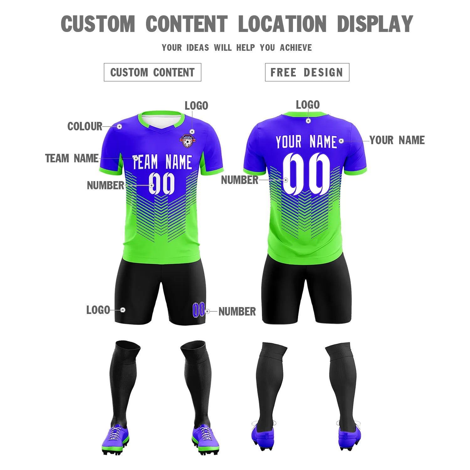 Custom Royal Blue Neon Green Sport Soccer Sets Jersey